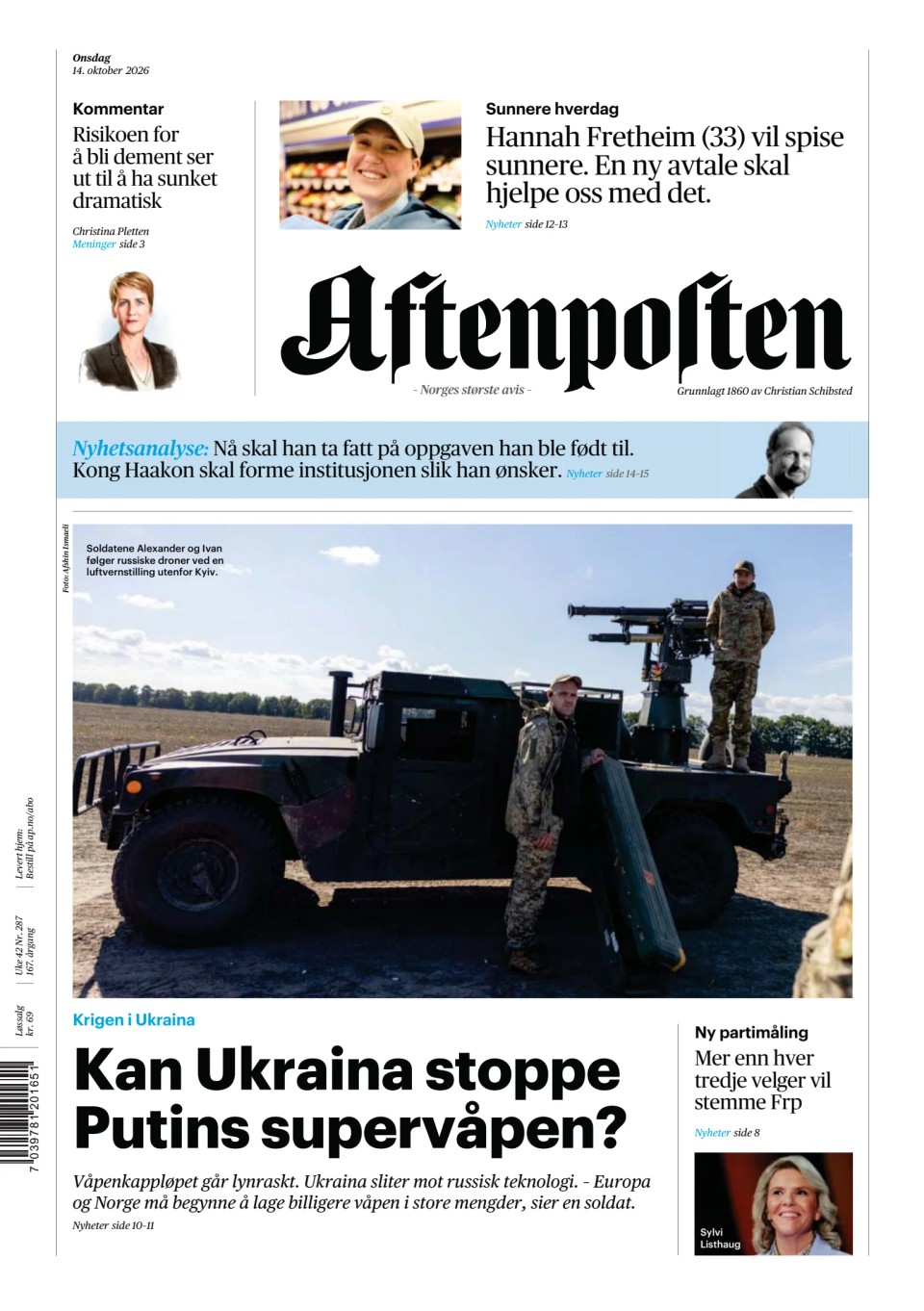 Prima-pagina-Aftenposten-oggi-edizione-di-oggi-20261014
