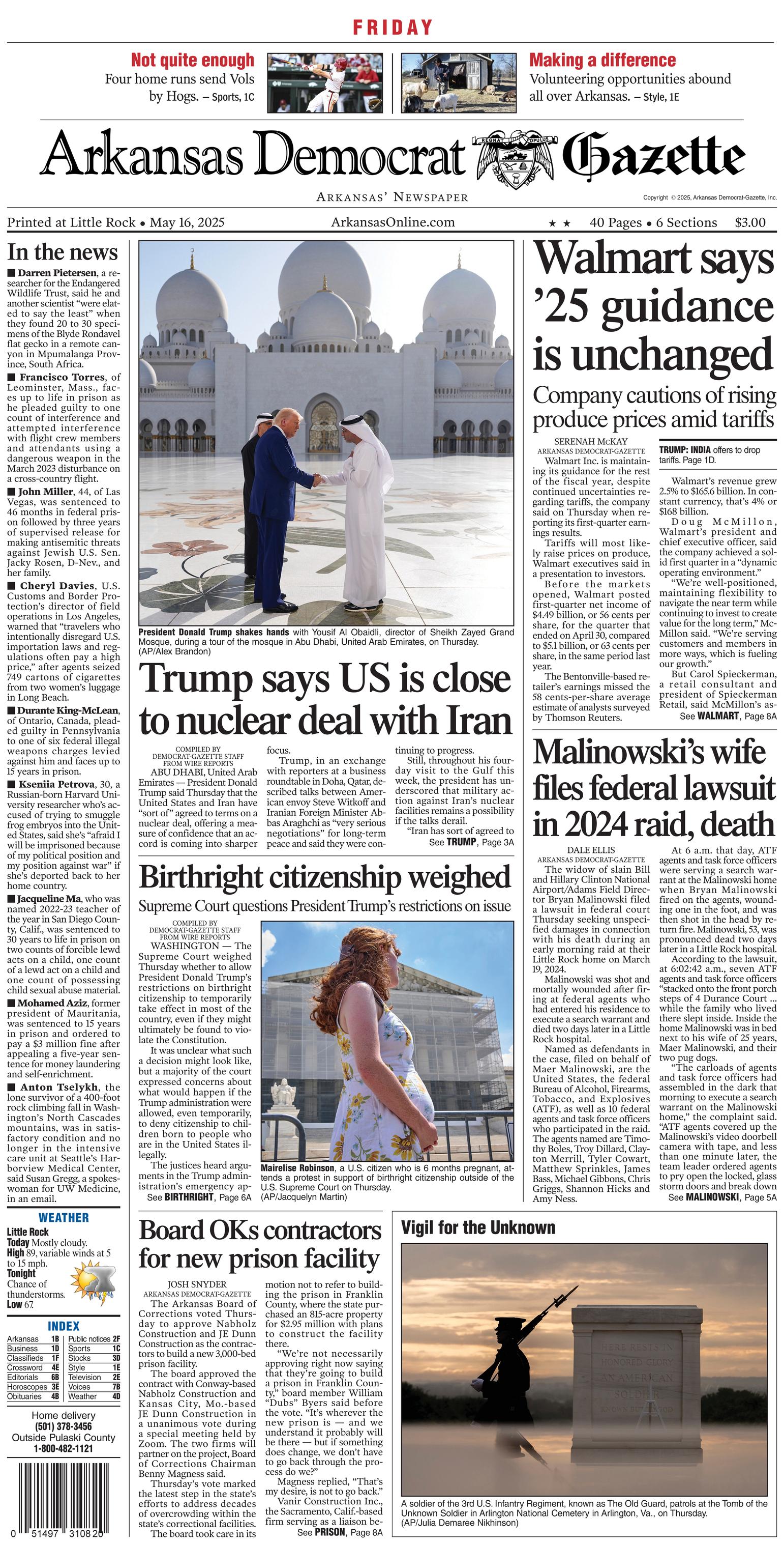 Prima-pagina-Arkansas-Democrat-Gazette-oggi-edizione-di-oggi-20250516