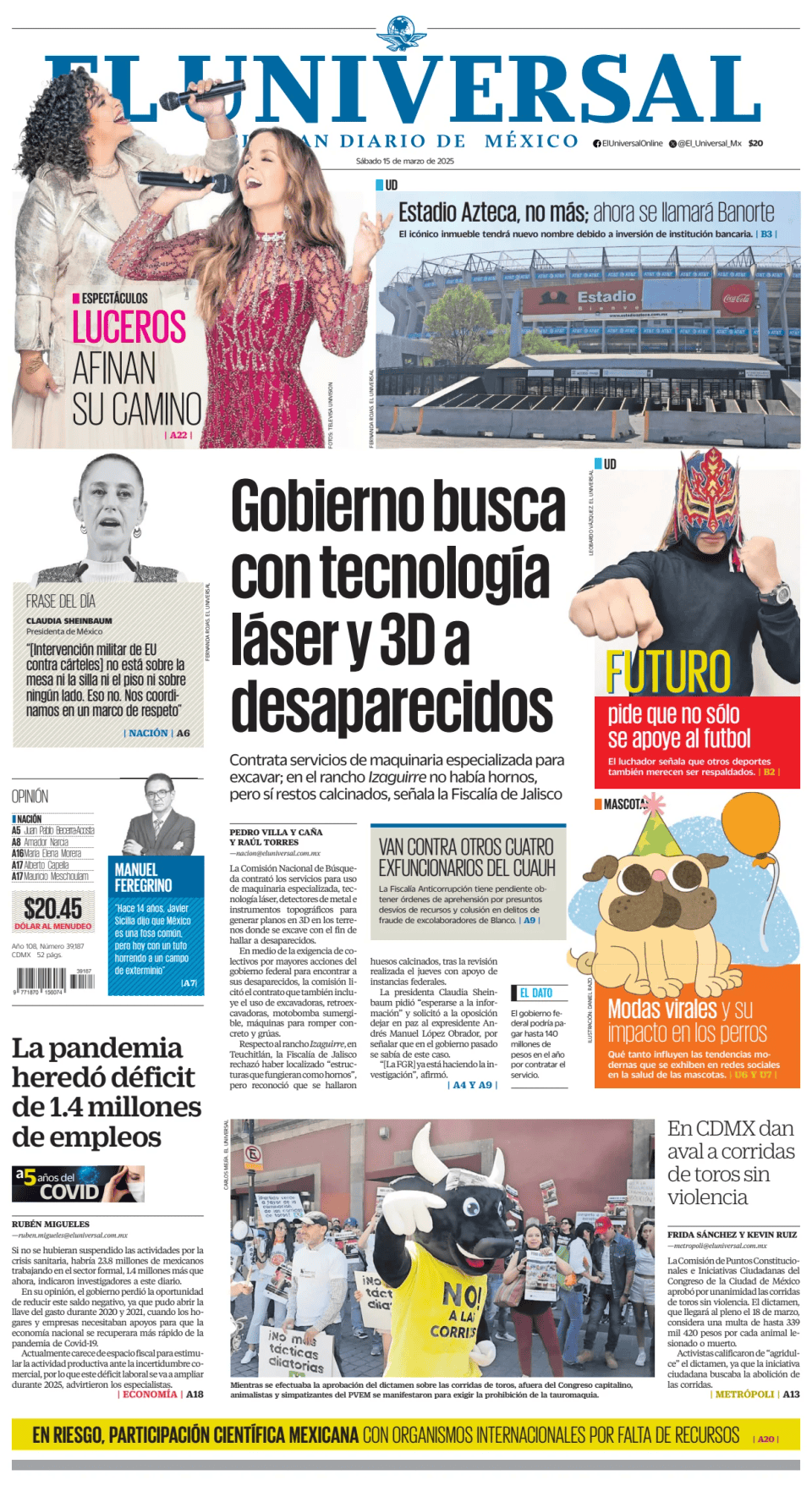 Prima-pagina-El-Universal-edizione-di-oggi-20250315