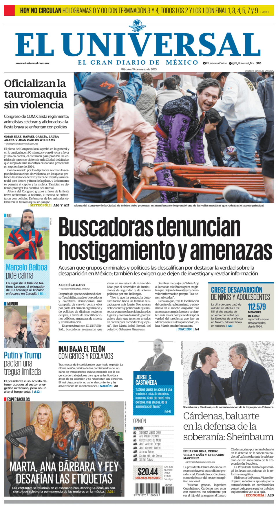 Prima-pagina-El-Universal-edizione-di-oggi-20250319