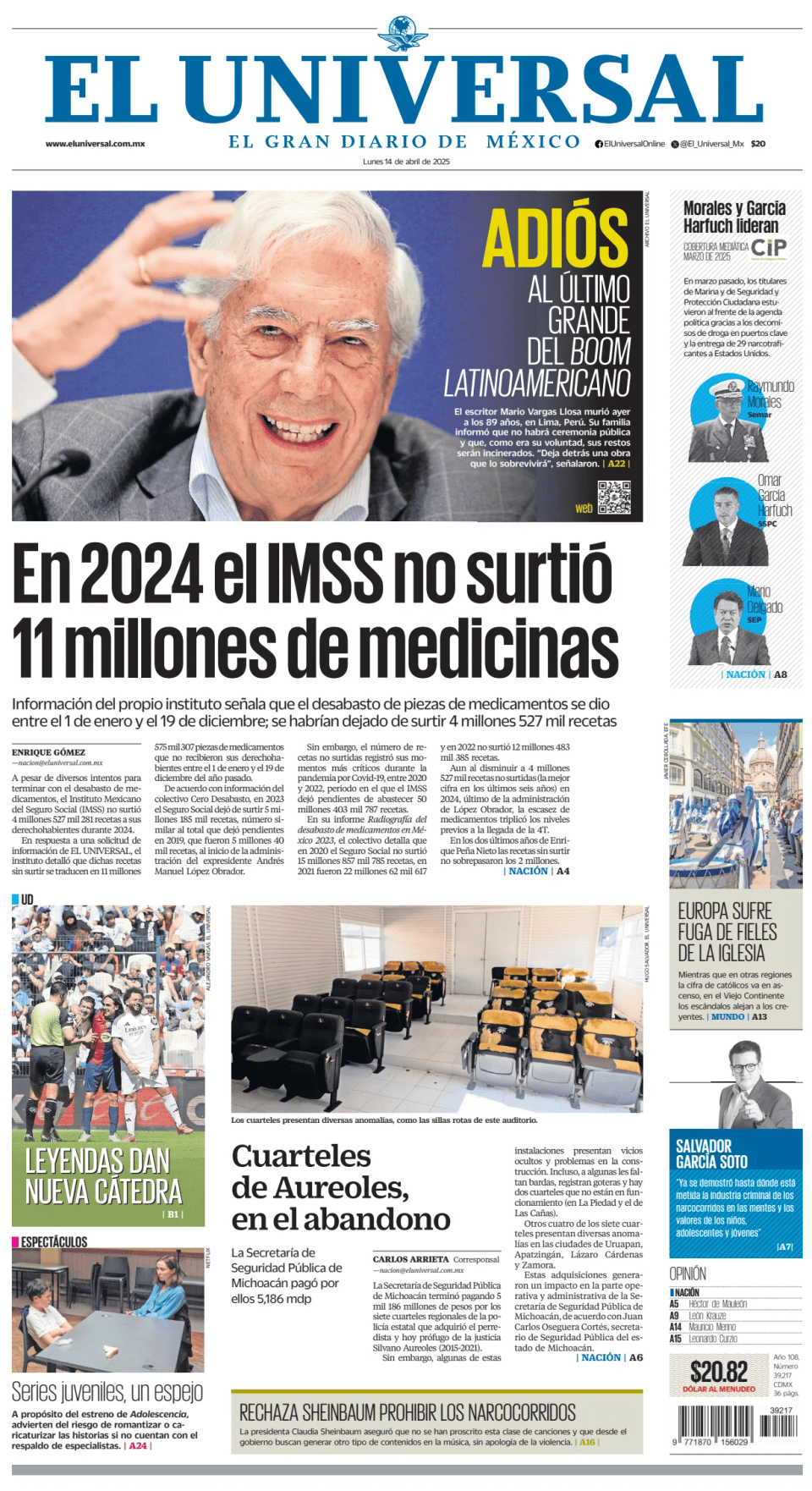 Prima-pagina-El-Universal-edizione-di-oggi-20250414