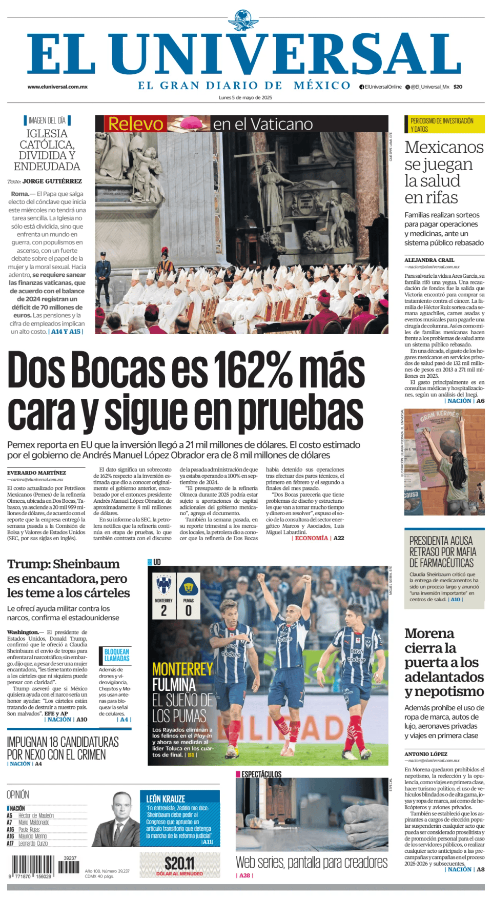 Prima-pagina-El-Universal-edizione-di-oggi-20250505