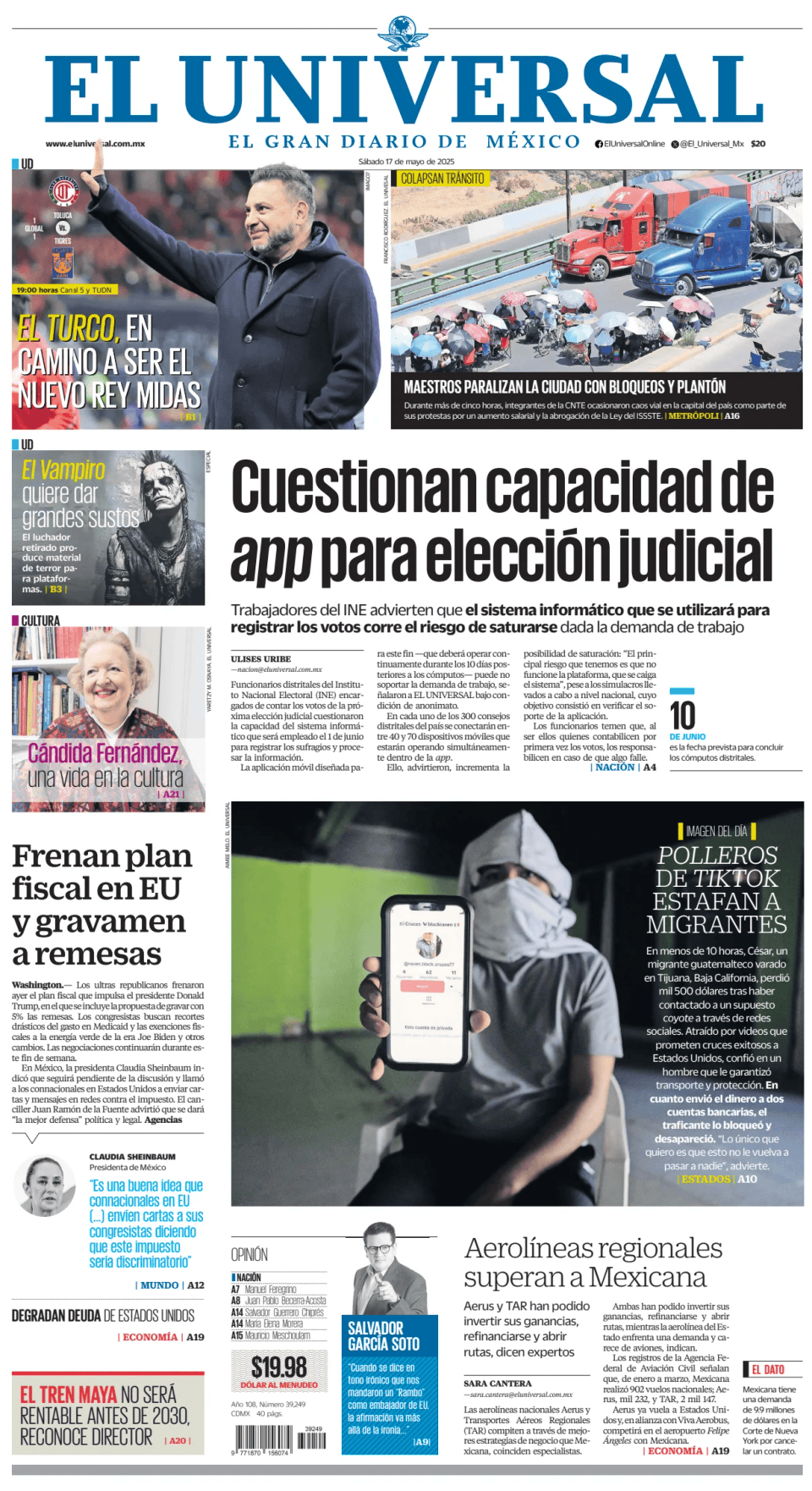 Prima-pagina-El-Universal-edizione-di-oggi-20250517