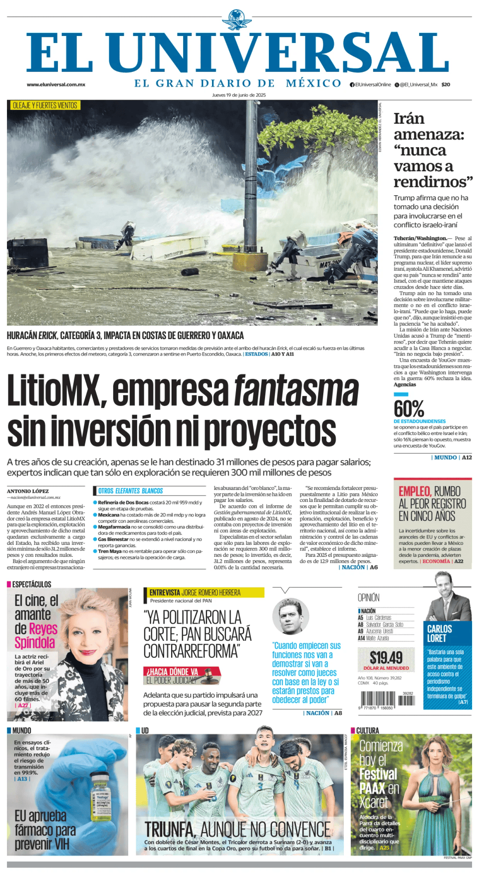 Prima-pagina-El-Universal-edizione-di-oggi-20250619