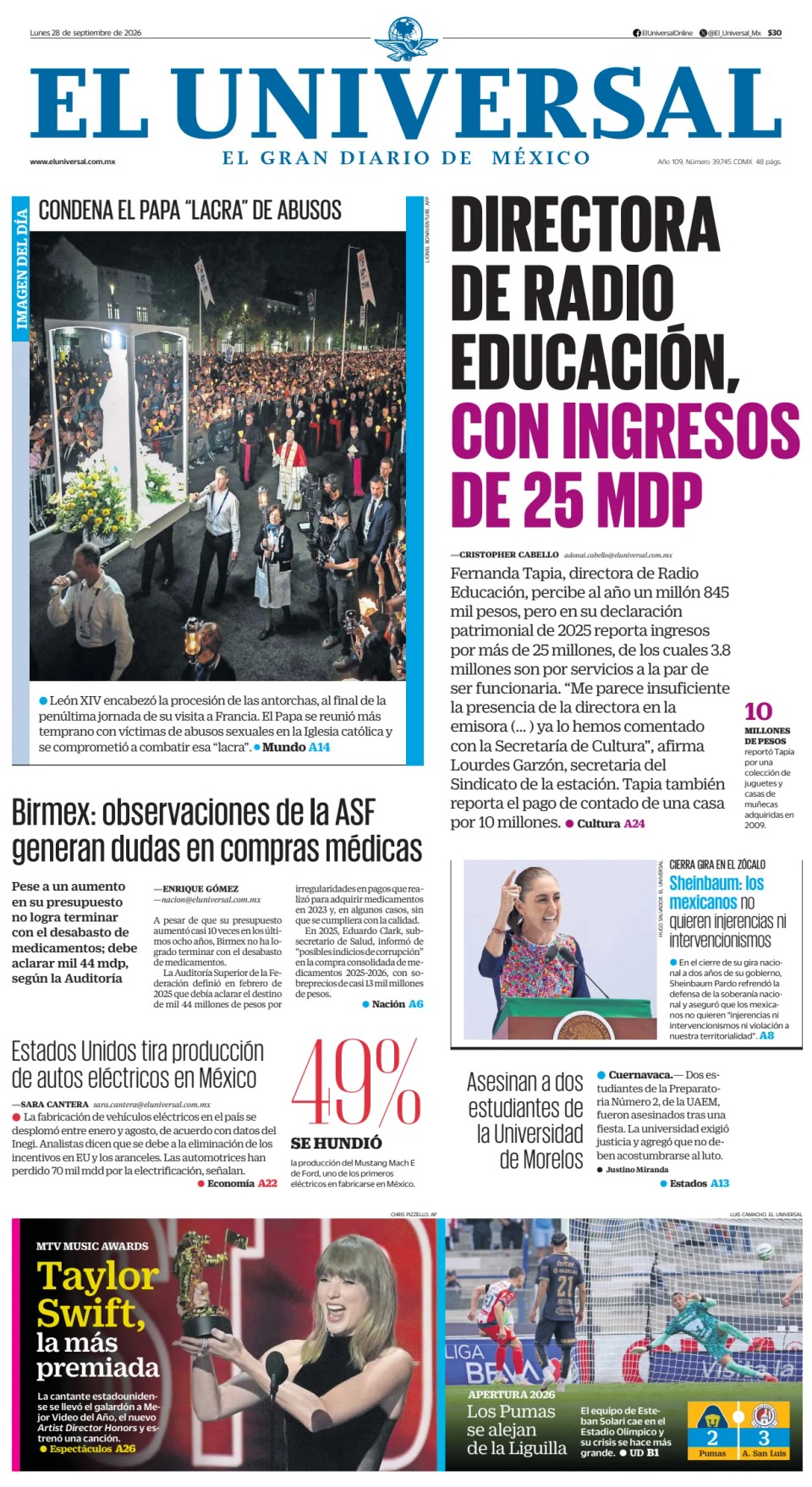 Prima-pagina-El-Universal-edizione-di-oggi-20260928