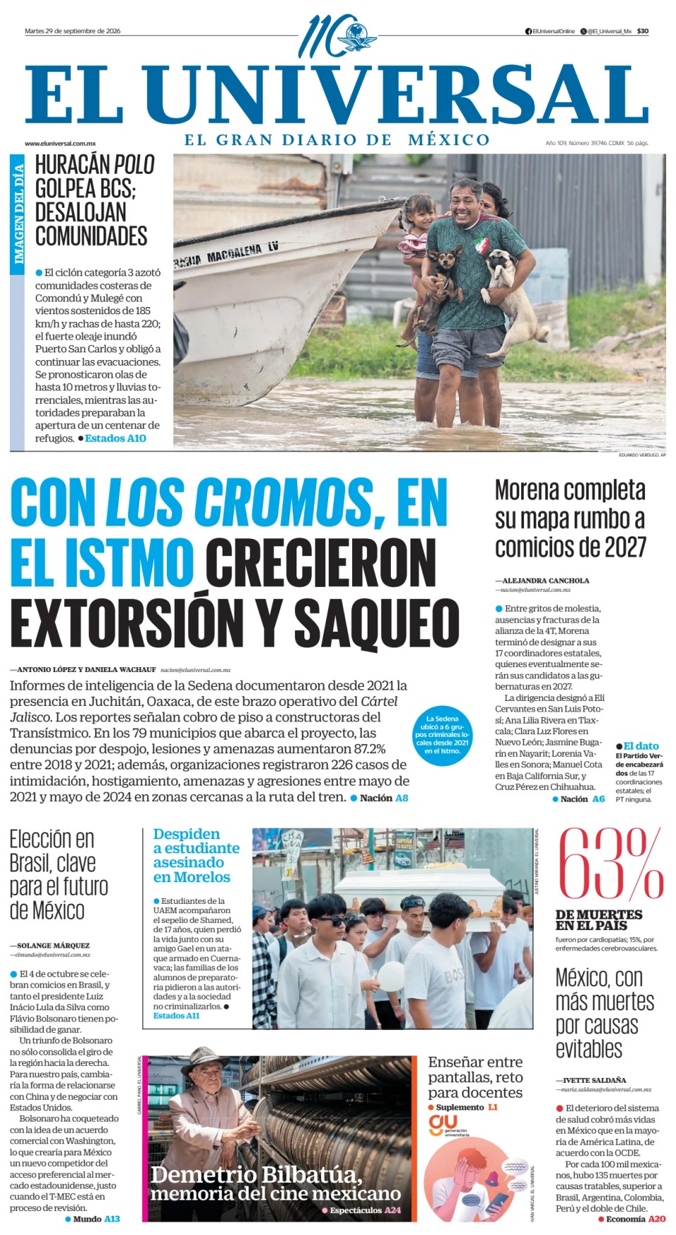 Prima-pagina-El-Universal-edizione-di-oggi-20260929