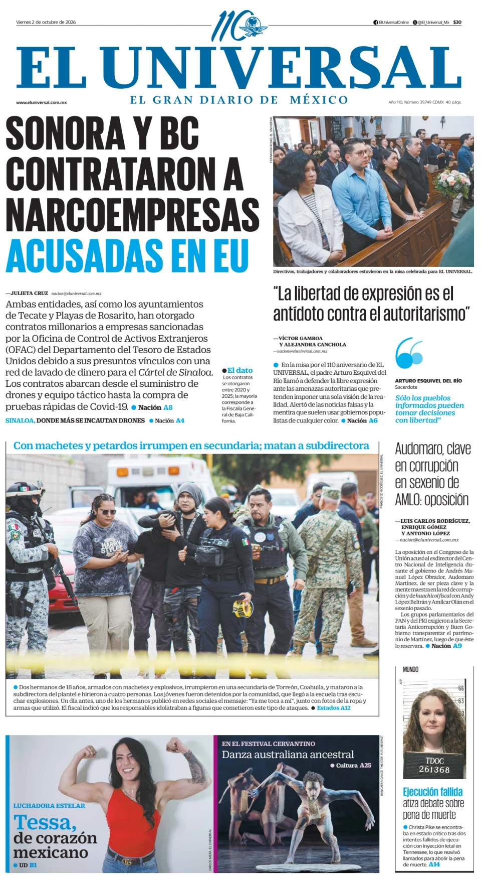 Prima-pagina-El-Universal-edizione-di-oggi-20261002