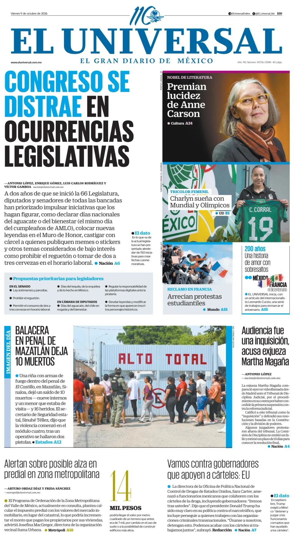 Prima-pagina-El-Universal-edizione-di-oggi-20261009
