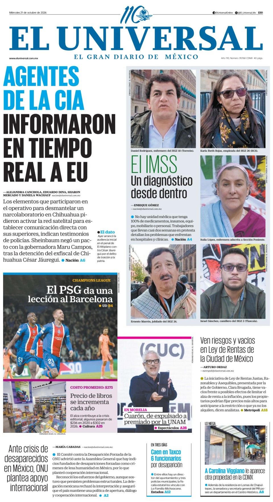 Prima-pagina-El-Universal-edizione-di-oggi-20261021