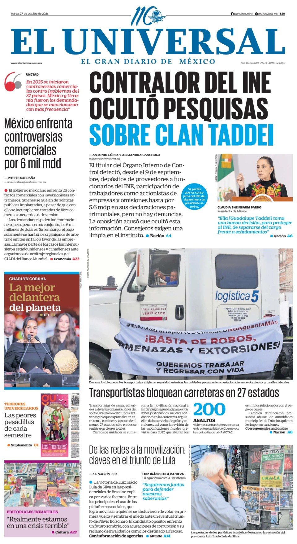 Prima-pagina-El-Universal-edizione-di-oggi-20261027