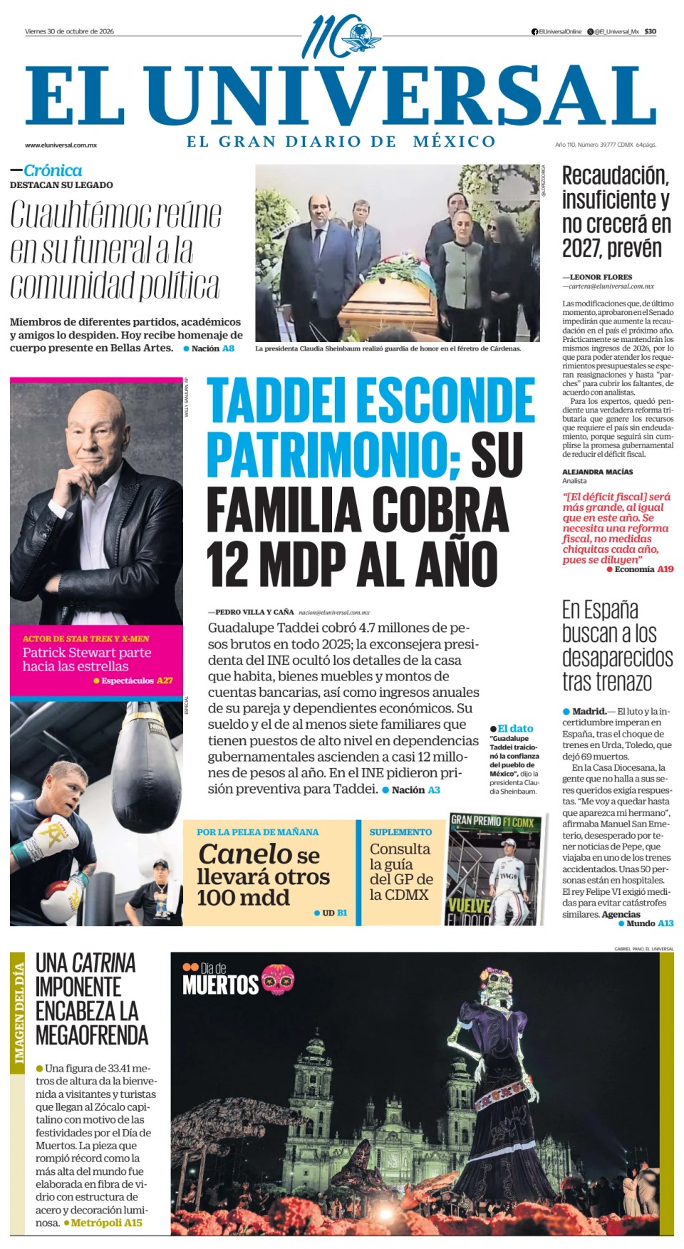 Prima-pagina-El-Universal-edizione-di-oggi-20261030