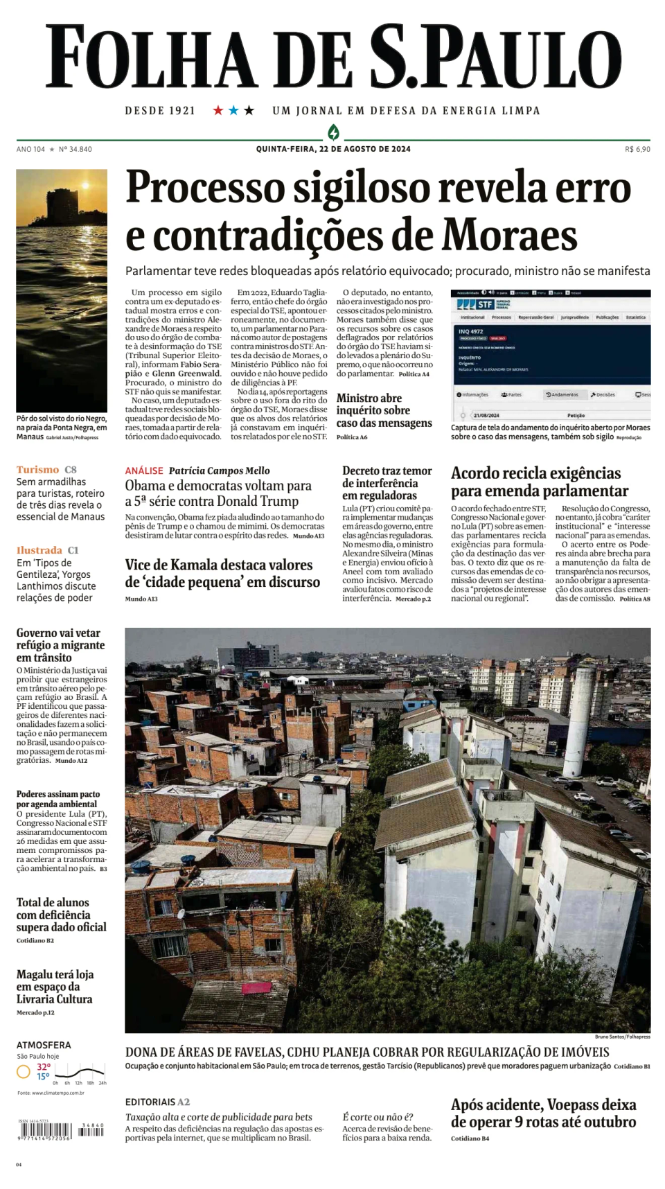 Prima-pagina-Folha-de-S-Paulo-oggi-edizione-di-oggi-20240822