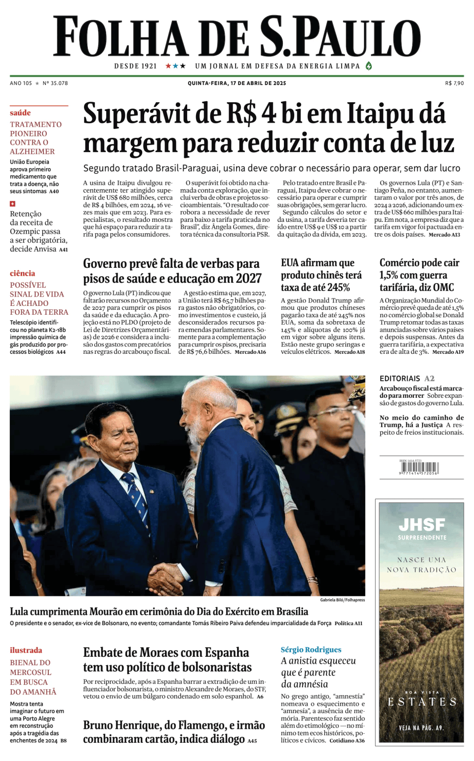 Prima-pagina-Folha-de-S-Paulo-oggi-edizione-di-oggi-20250417