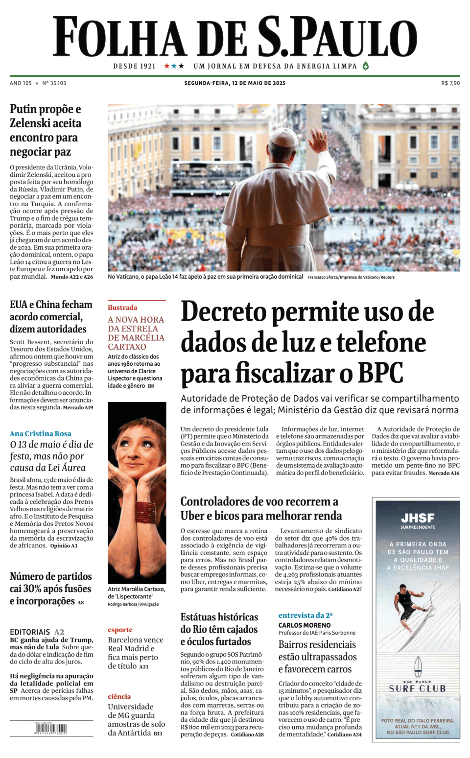 Prima-pagina-Folha-de-S-Paulo-oggi-edizione-di-oggi-20250512