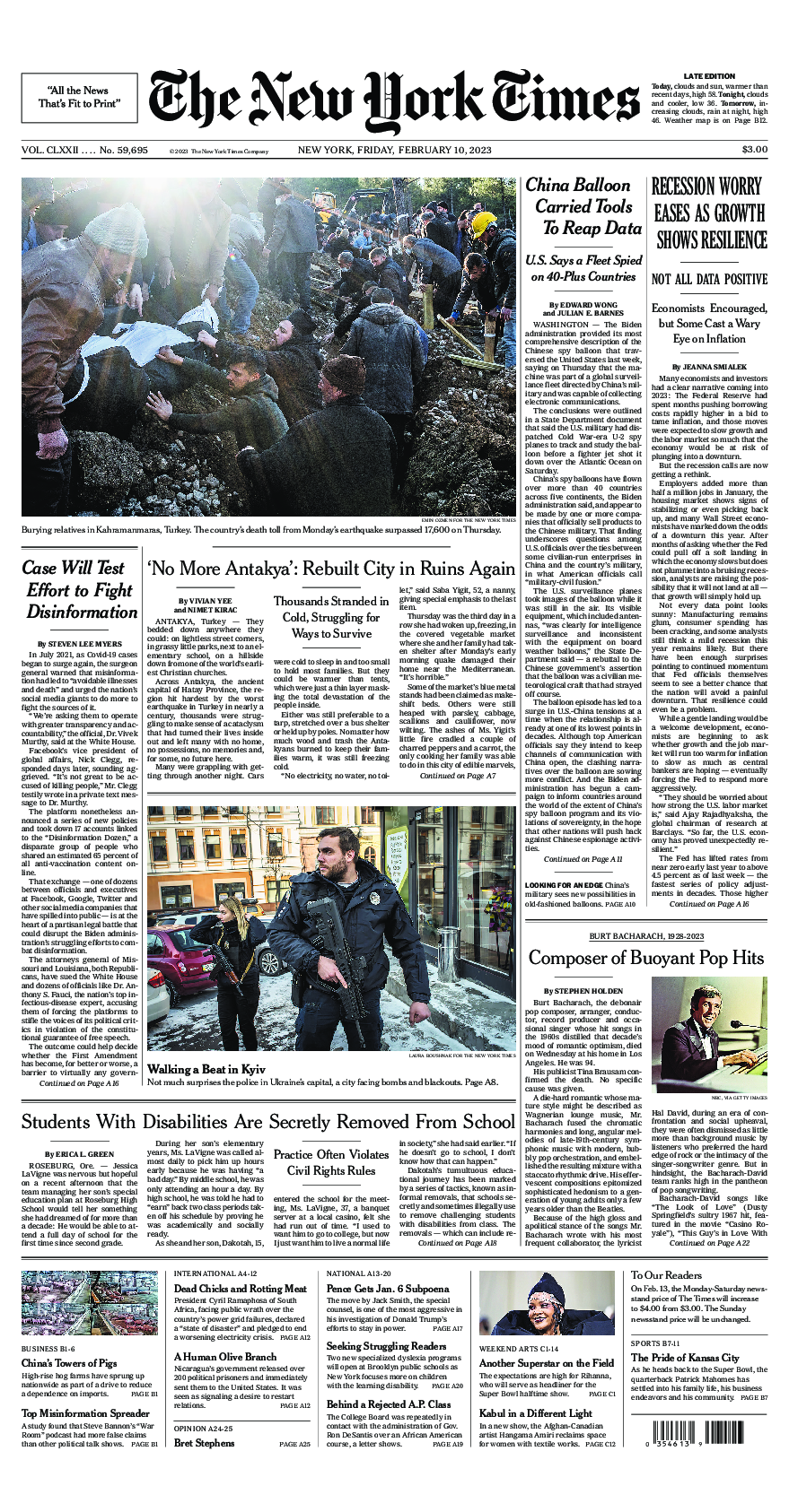 Prima-pagina-New-York-Times-del-2023-02-10
