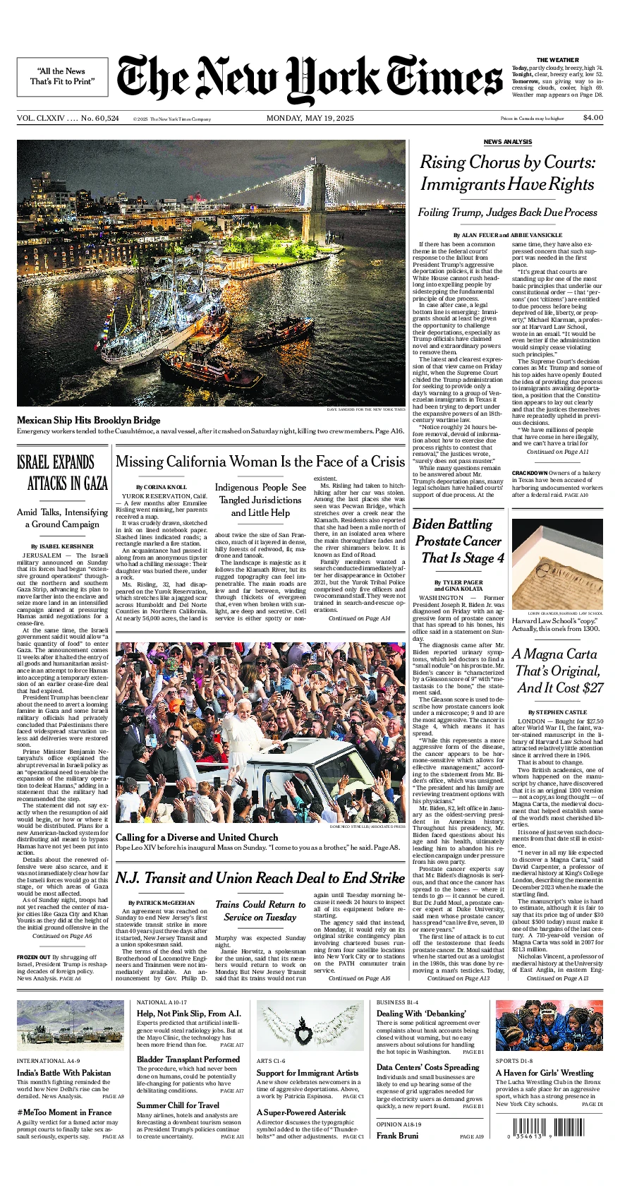Prima-pagina-del-New-York-Times-edizione-di-oggi-2025-05-19
