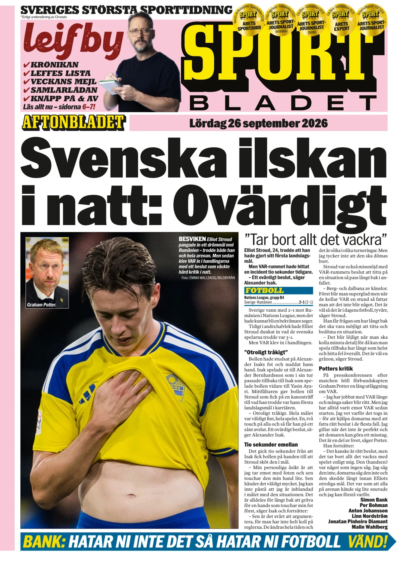 Prima-pagina-Sportbladet-oggi-edizione-di-oggi-20260926
