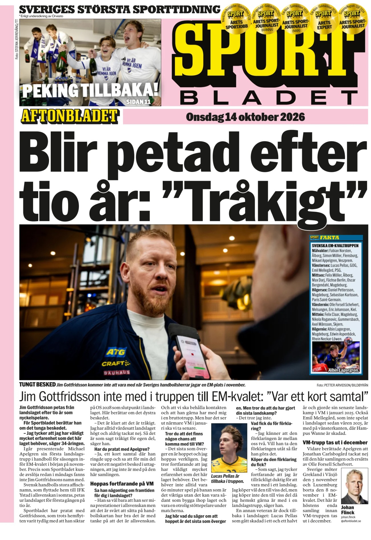 Prima-pagina-Sportbladet-oggi-edizione-di-oggi-20261014
