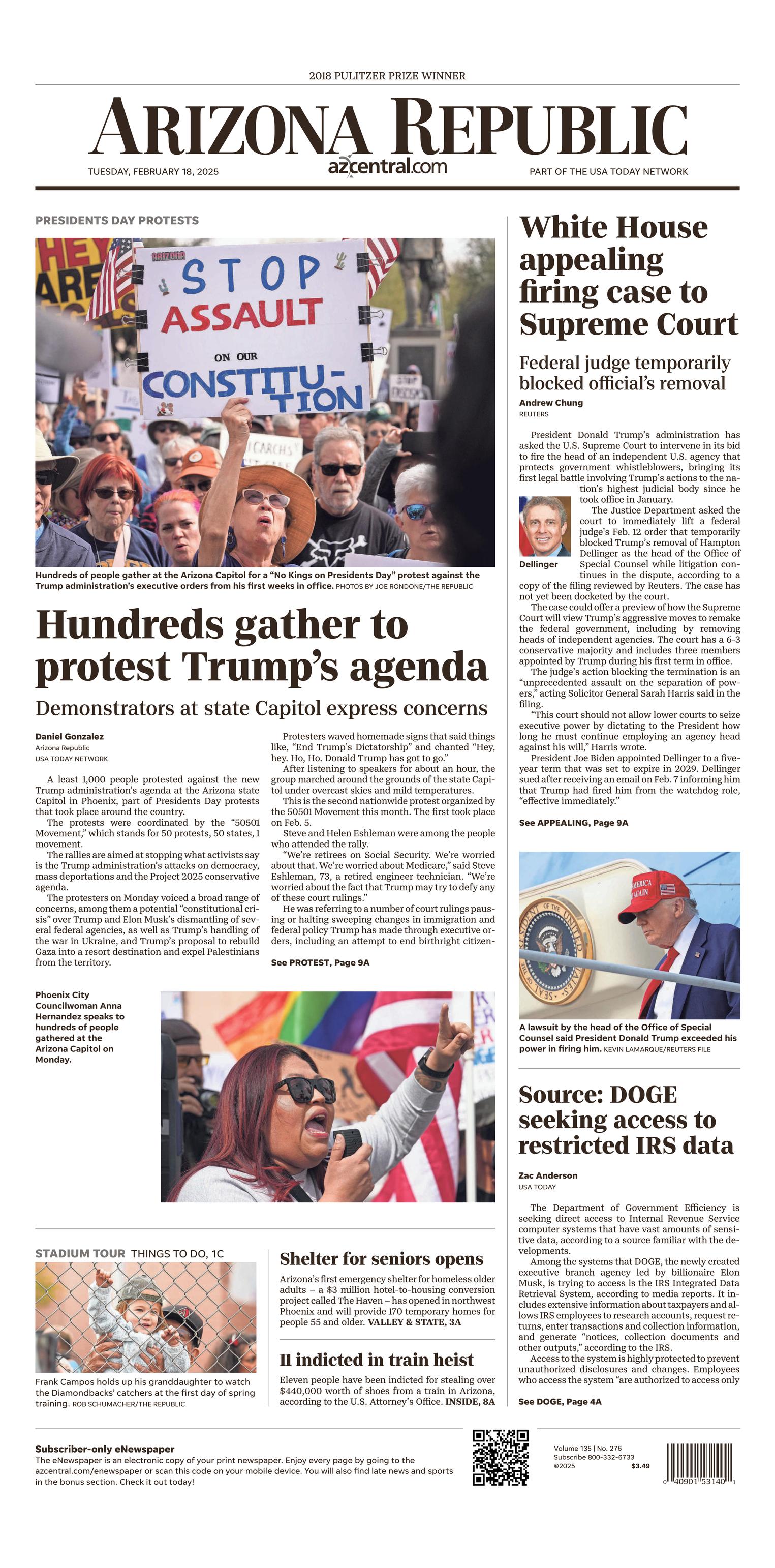 Prima-pagina-The-Arizona-Republic-oggi-edizione-di-oggi-20250218