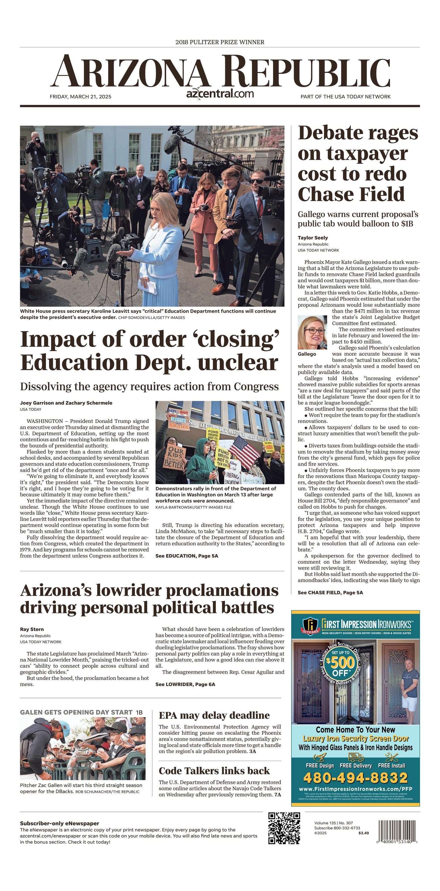 Prima-pagina-The-Arizona-Republic-oggi-edizione-di-oggi-20250321