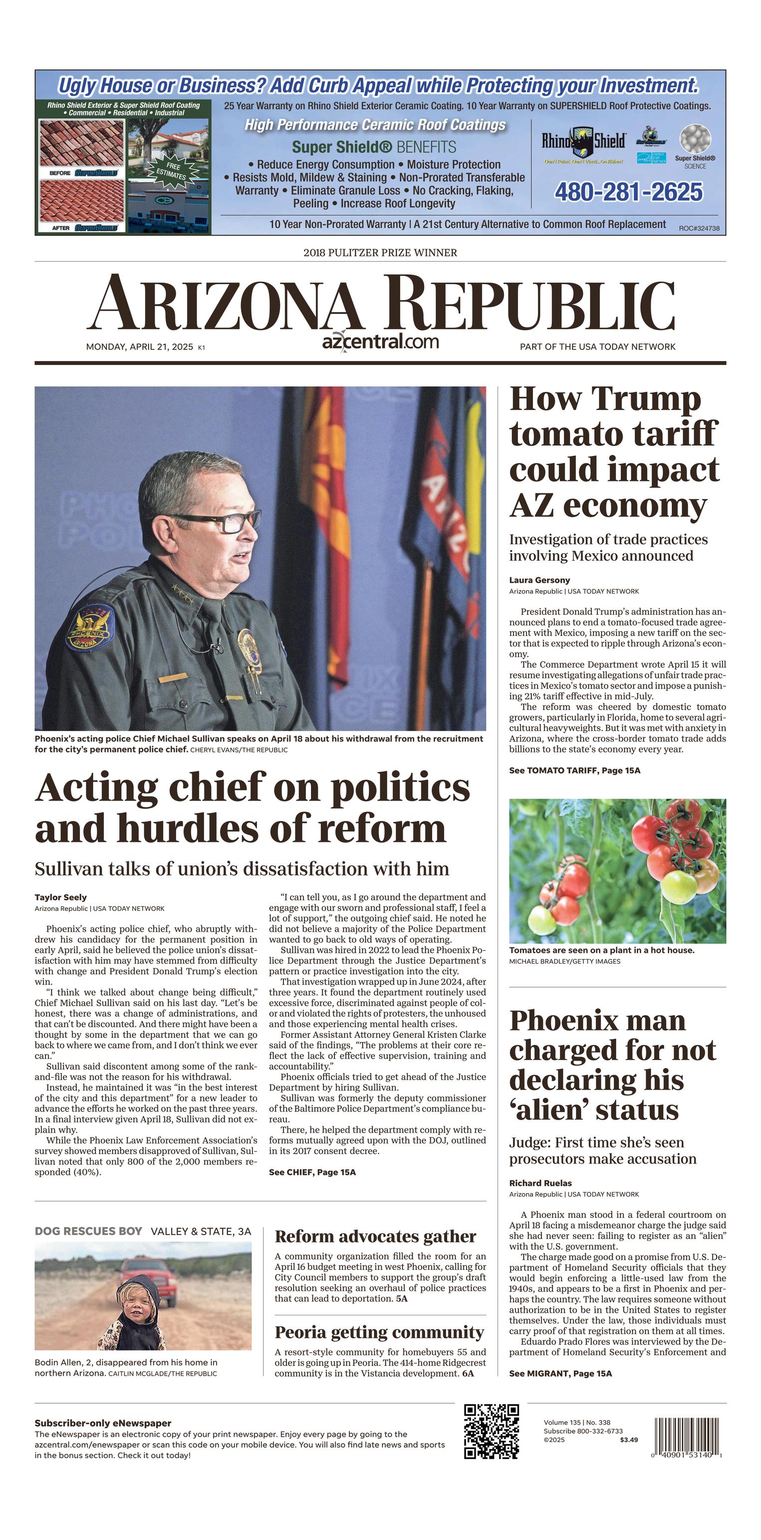 Prima-pagina-The-Arizona-Republic-oggi-edizione-di-oggi-20250421