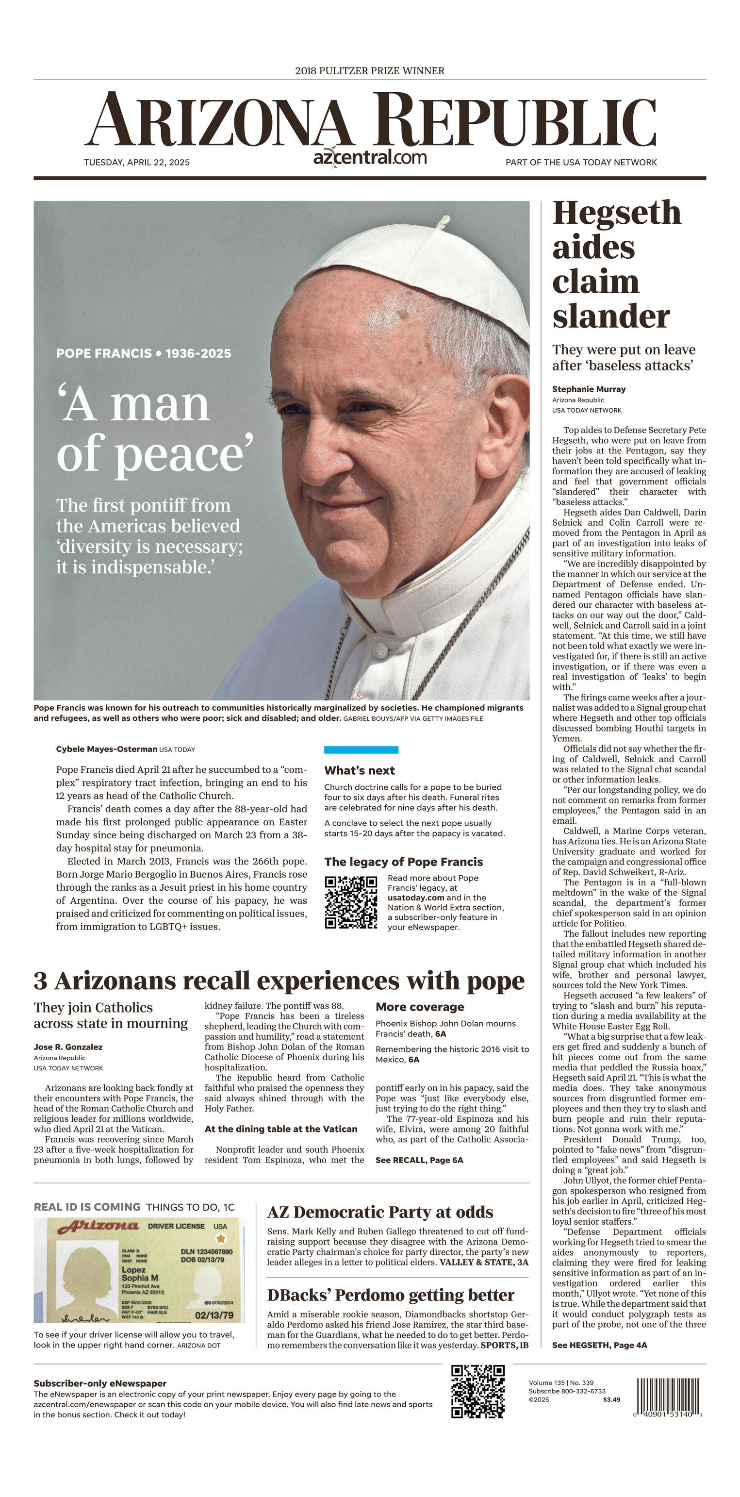Prima-pagina-The-Arizona-Republic-oggi-edizione-di-oggi-20250422