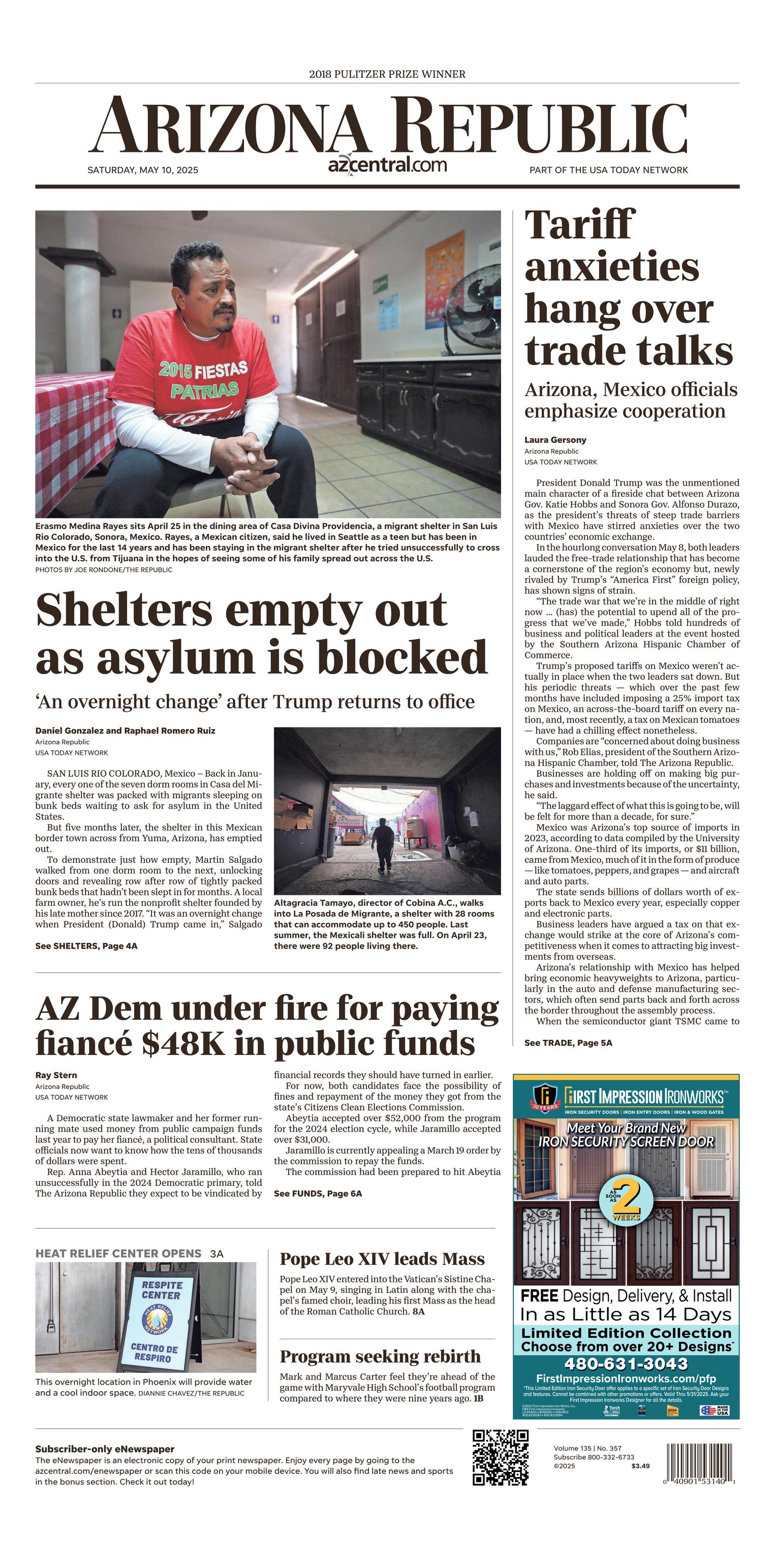 Prima-pagina-The-Arizona-Republic-oggi-edizione-di-oggi-20250510
