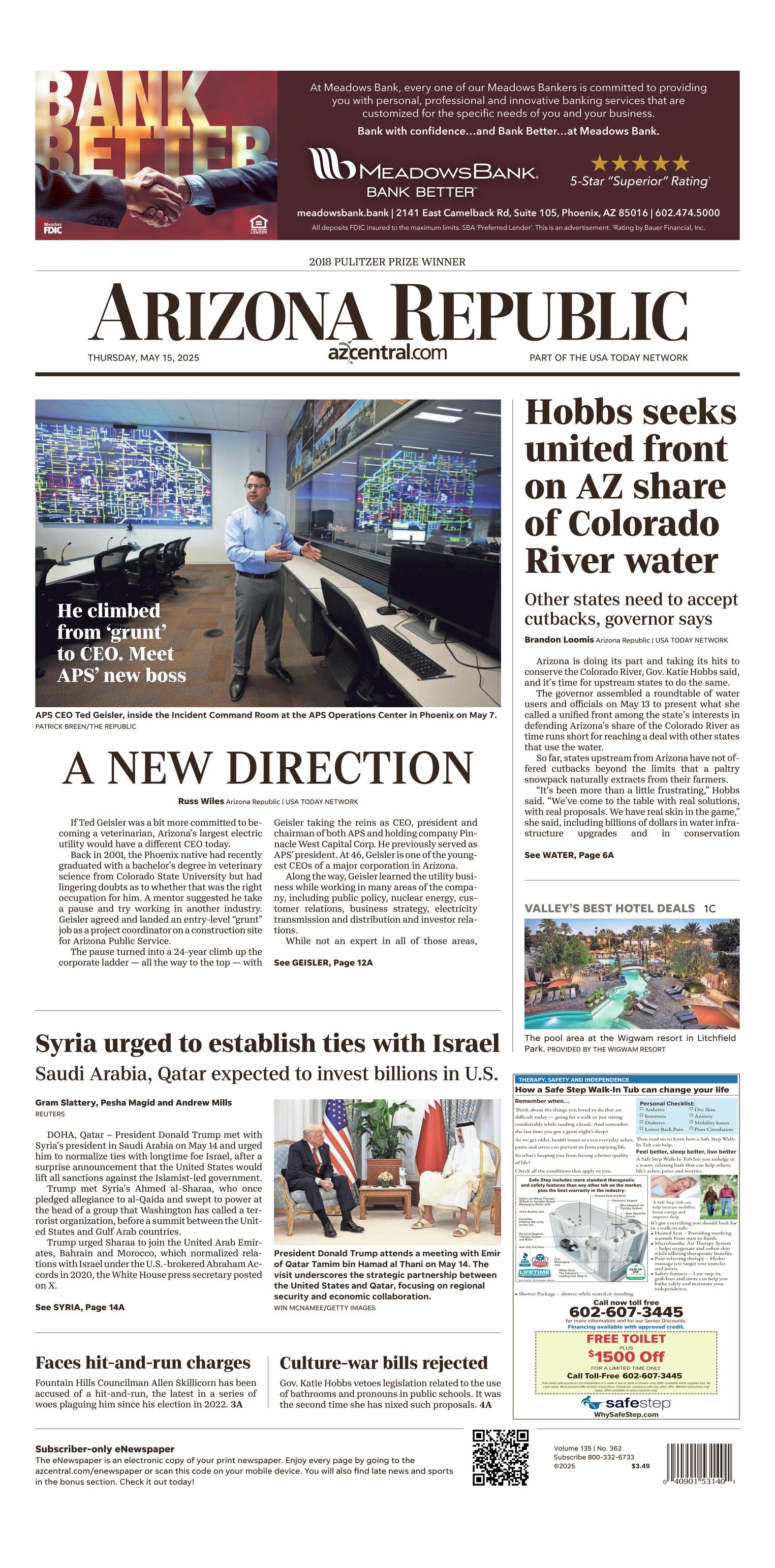 Prima-pagina-The-Arizona-Republic-oggi-edizione-di-oggi-20250515