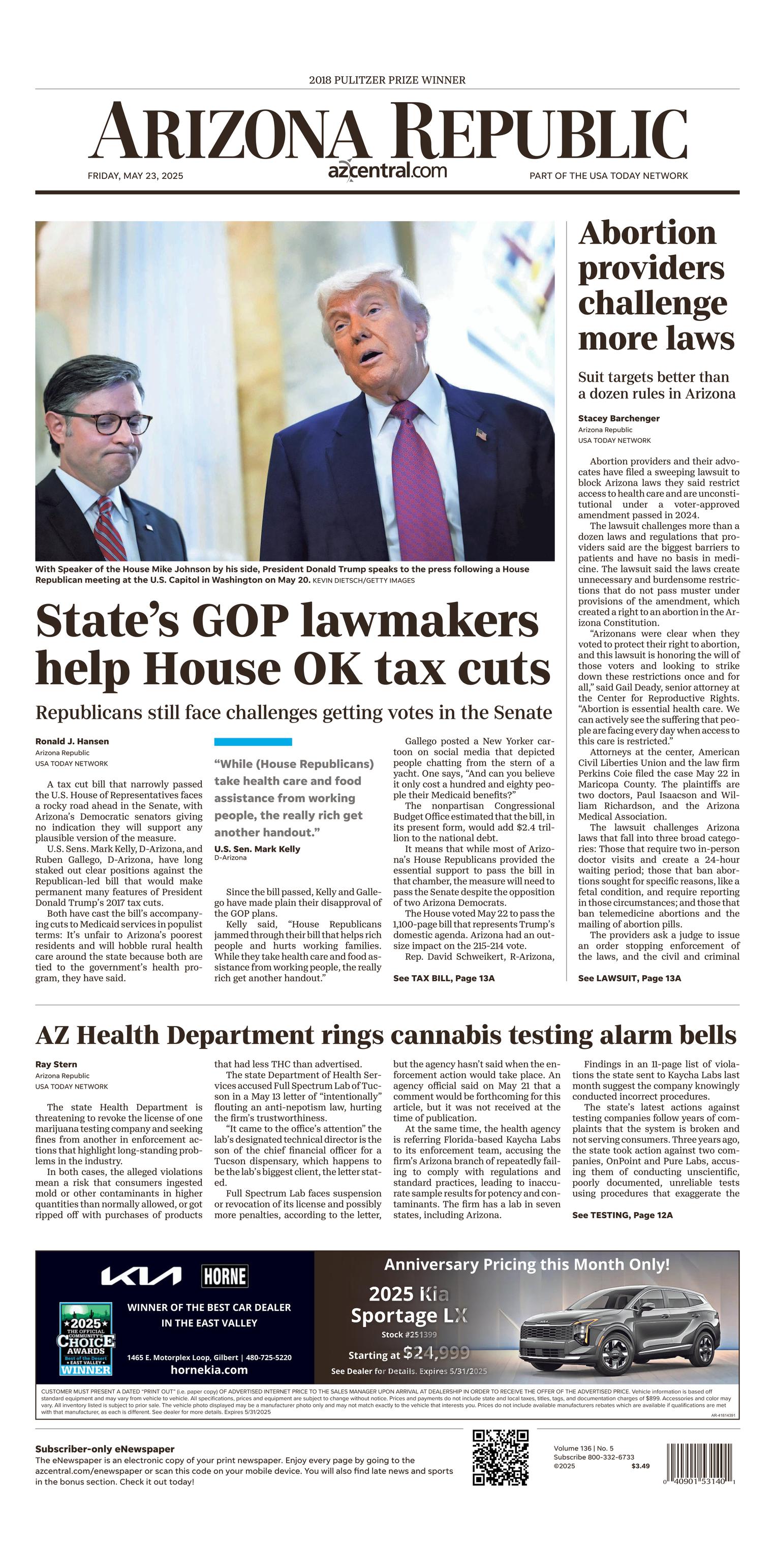 Prima-pagina-The-Arizona-Republic-oggi-edizione-di-oggi-20250523