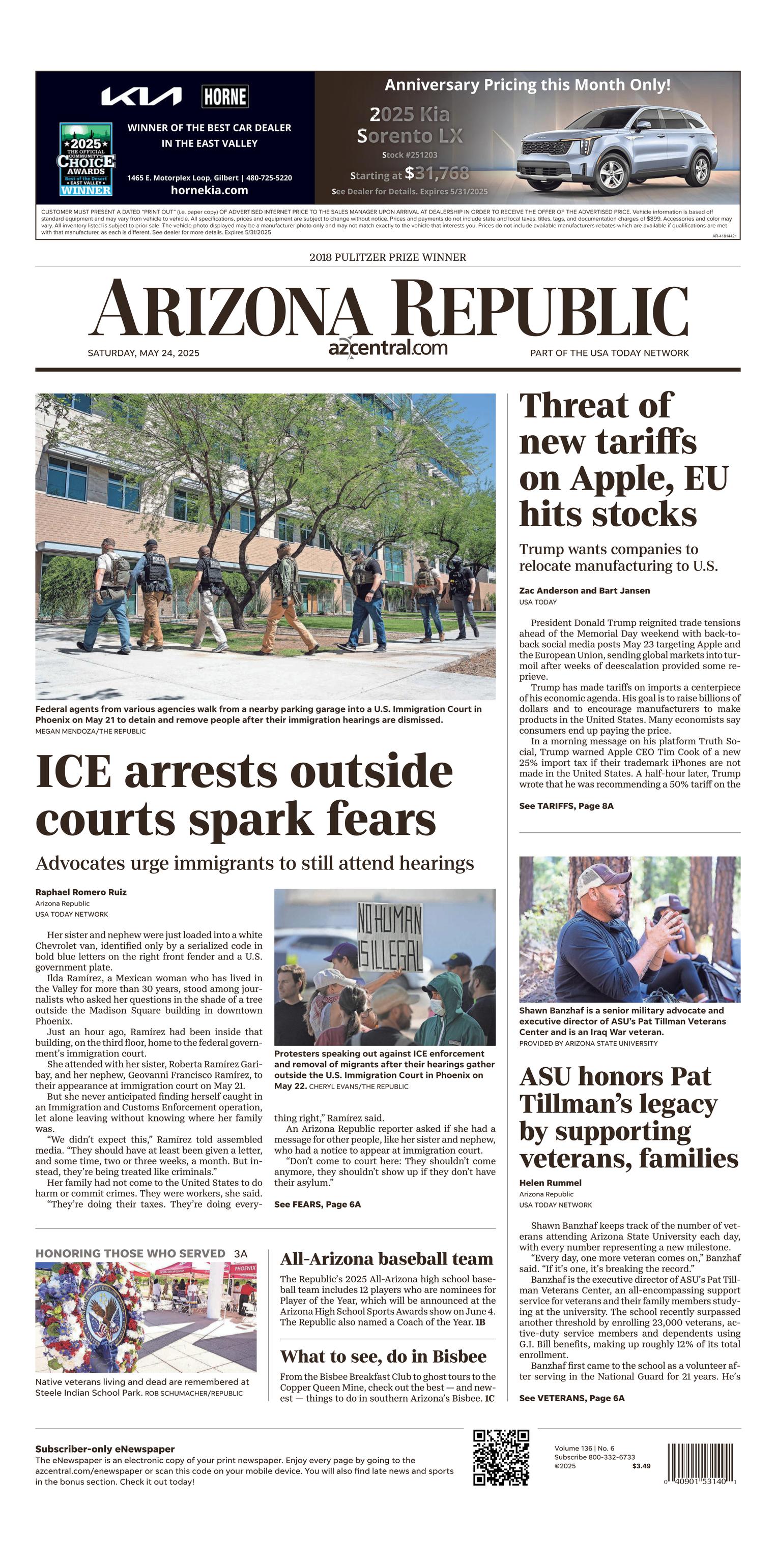 Prima-pagina-The-Arizona-Republic-oggi-edizione-di-oggi-20250524