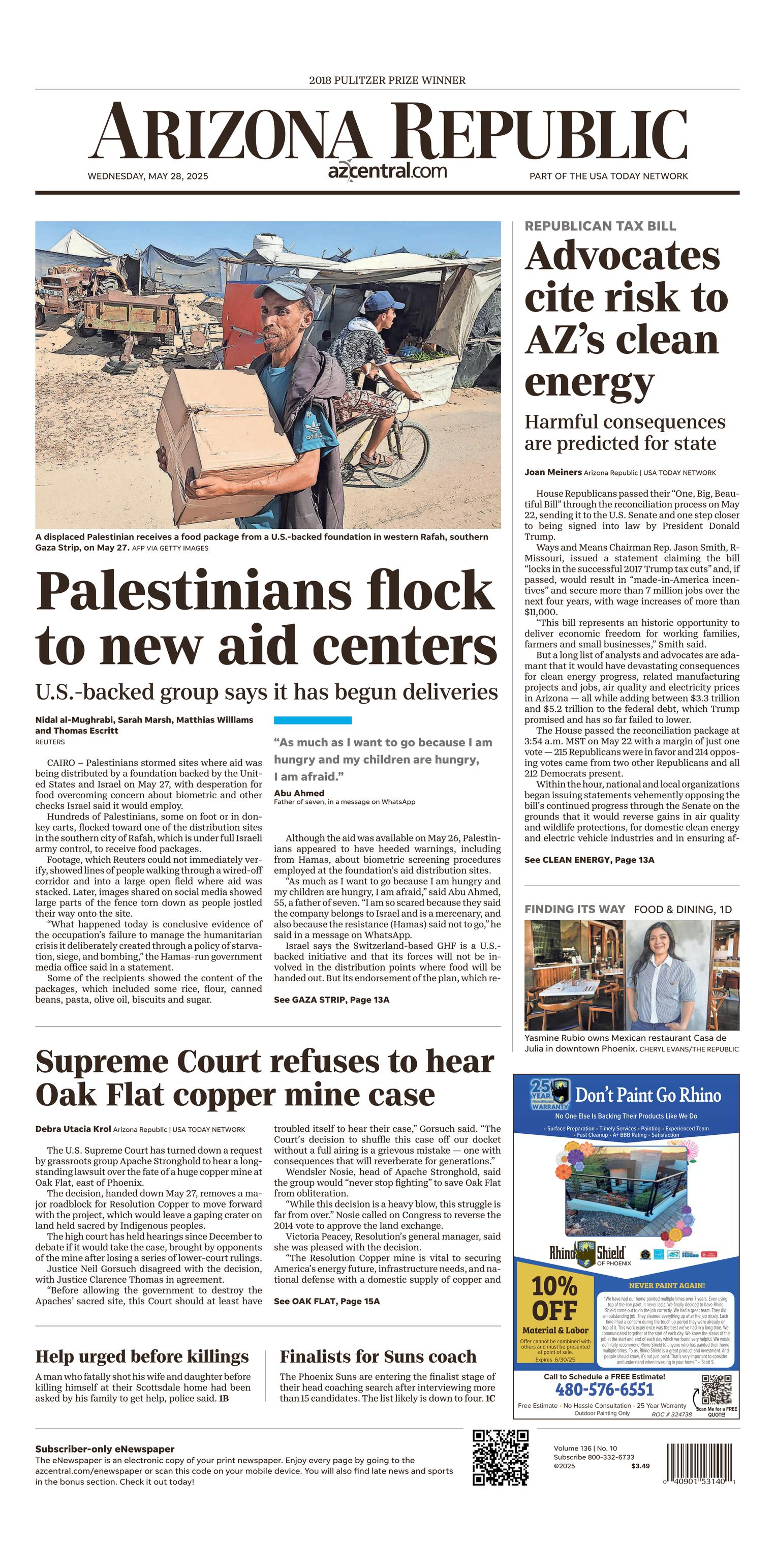 Prima-pagina-The-Arizona-Republic-oggi-edizione-di-oggi-20250528