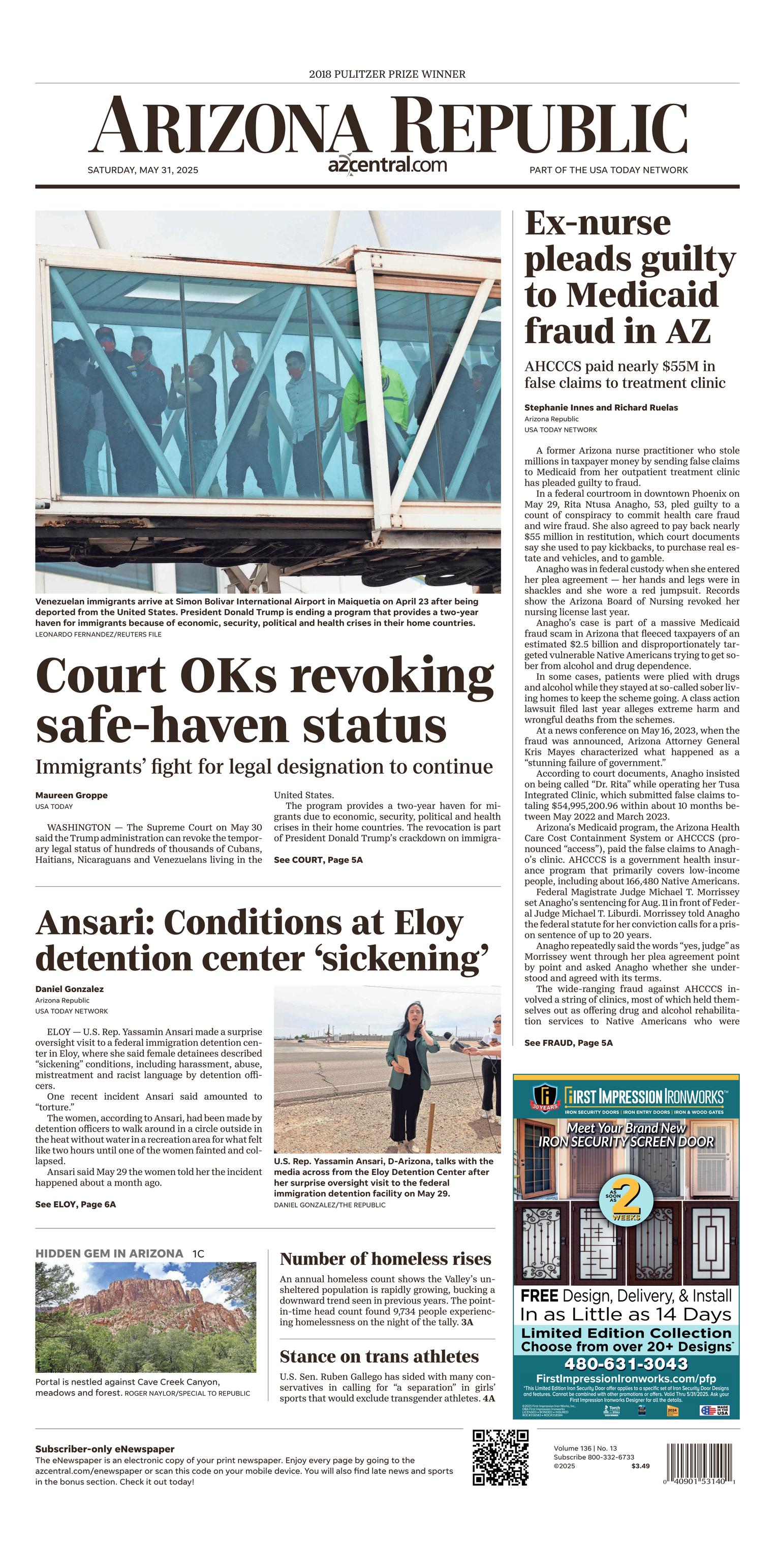 Prima-pagina-The-Arizona-Republic-oggi-edizione-di-oggi-20250531