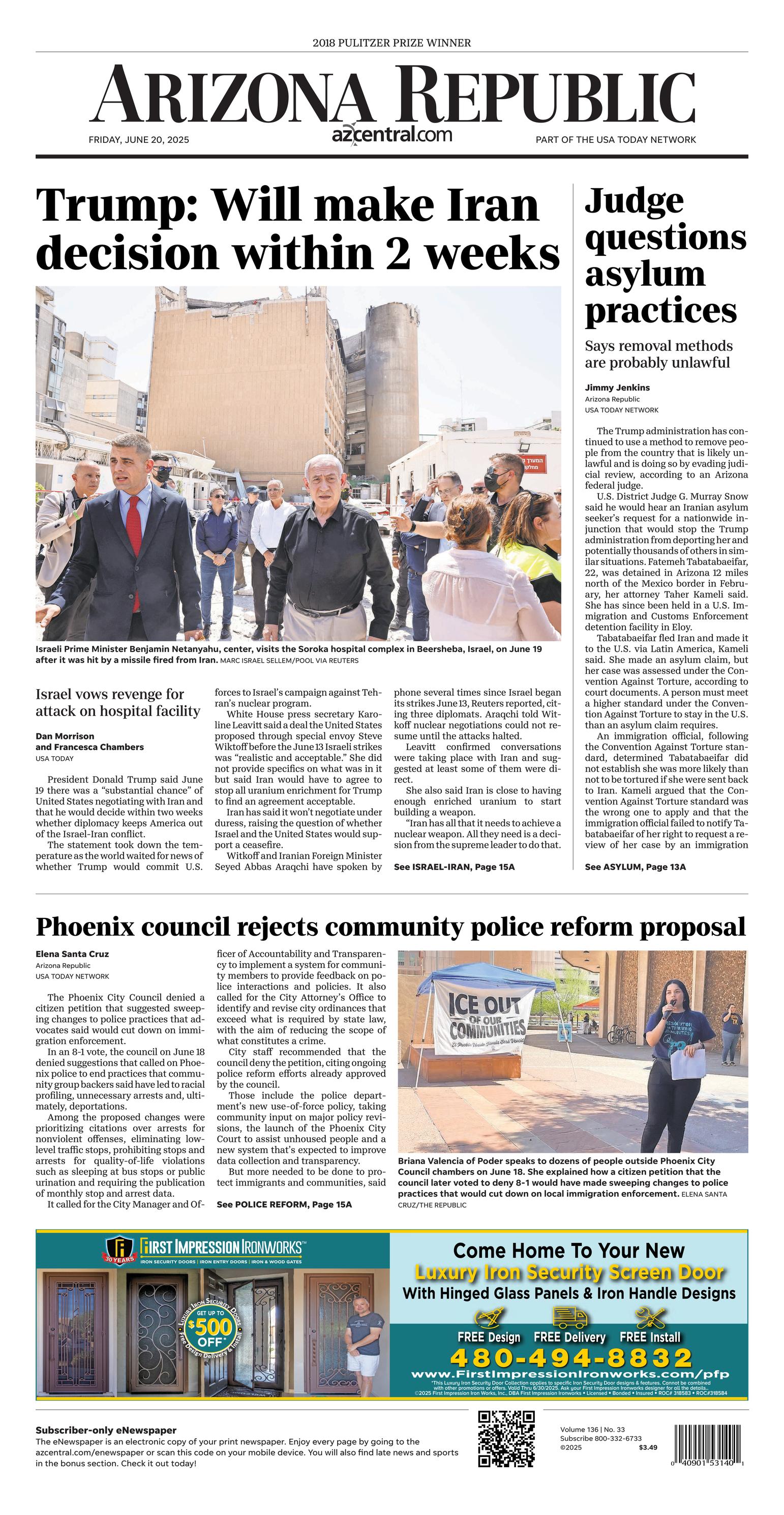 Prima-pagina-The-Arizona-Republic-oggi-edizione-di-oggi-20250620