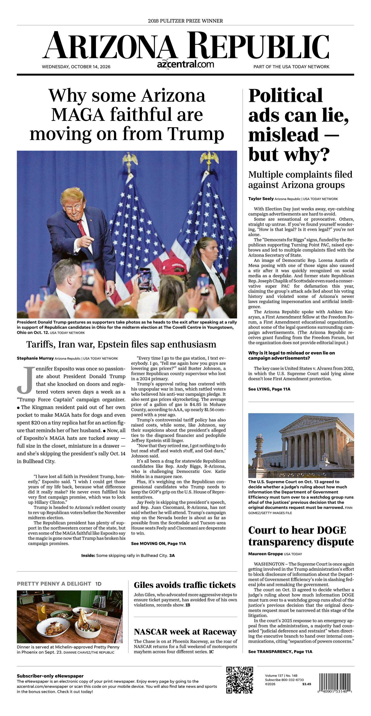Prima-pagina-The-Arizona-Republic-oggi-edizione-di-oggi-20261014