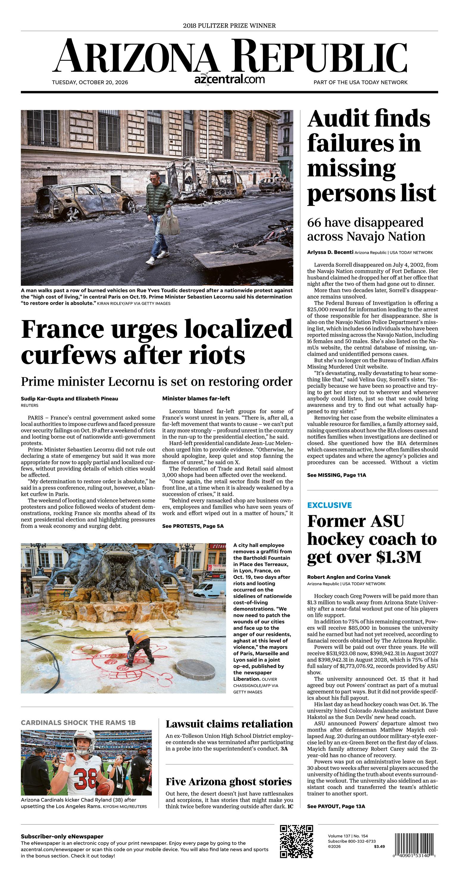 Prima-pagina-The-Arizona-Republic-oggi-edizione-di-oggi-20261020