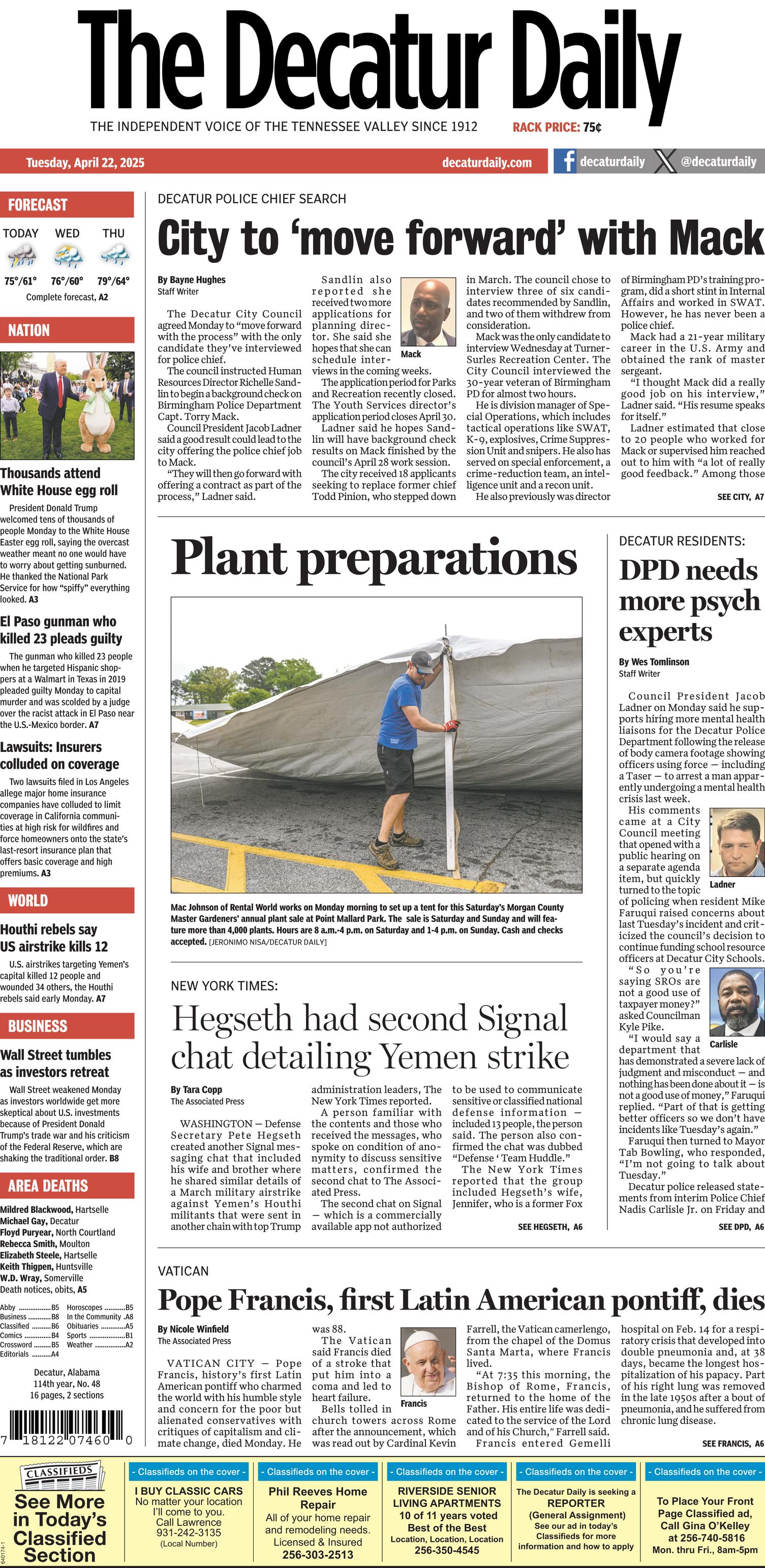 Prima-pagina-The-Decatur-Daily-oggi-edizione-di-oggi-20250422