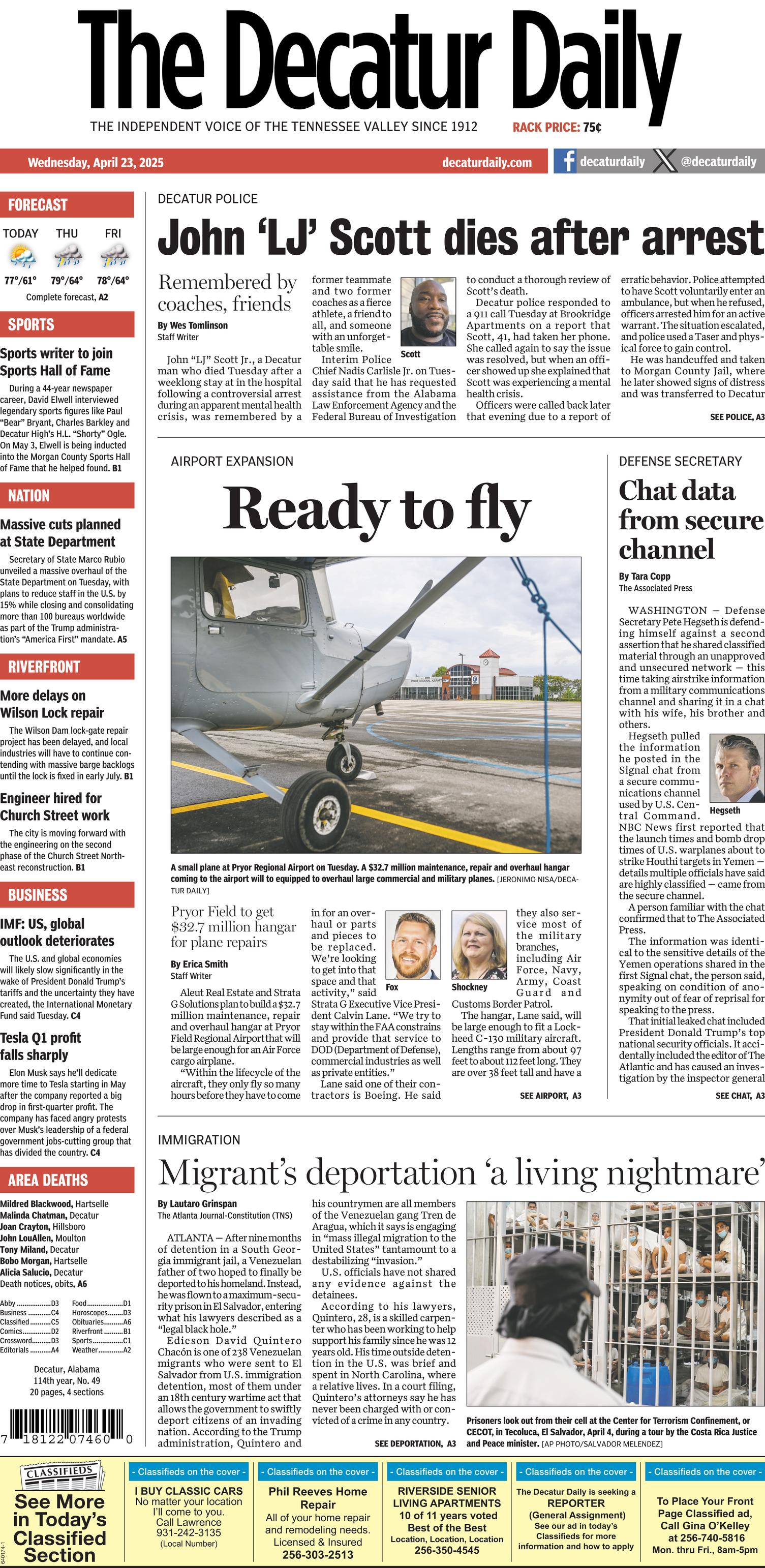 Prima-pagina-The-Decatur-Daily-oggi-edizione-di-oggi-20250423