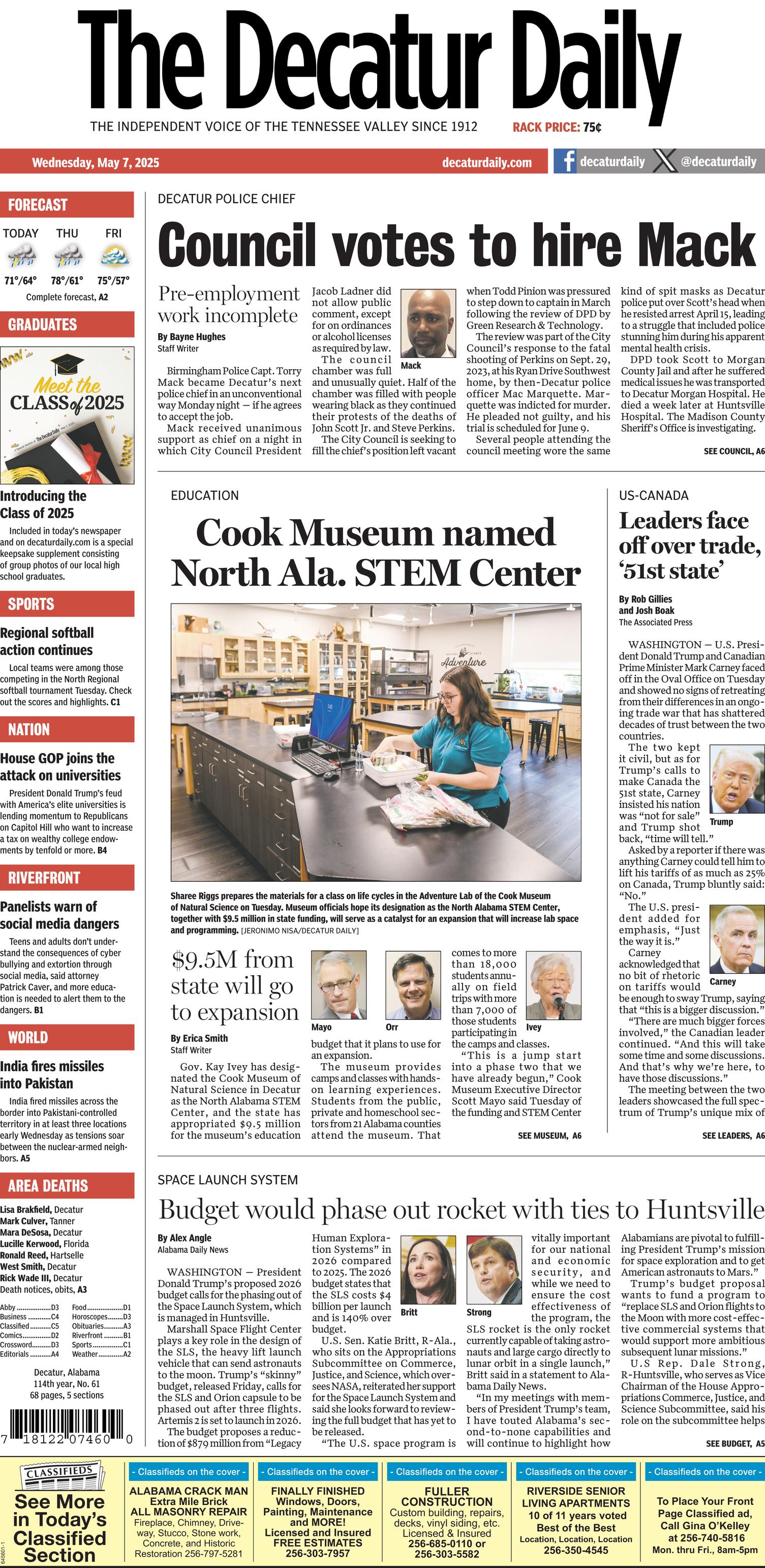 Prima-pagina-The-Decatur-Daily-oggi-edizione-di-oggi-20250507