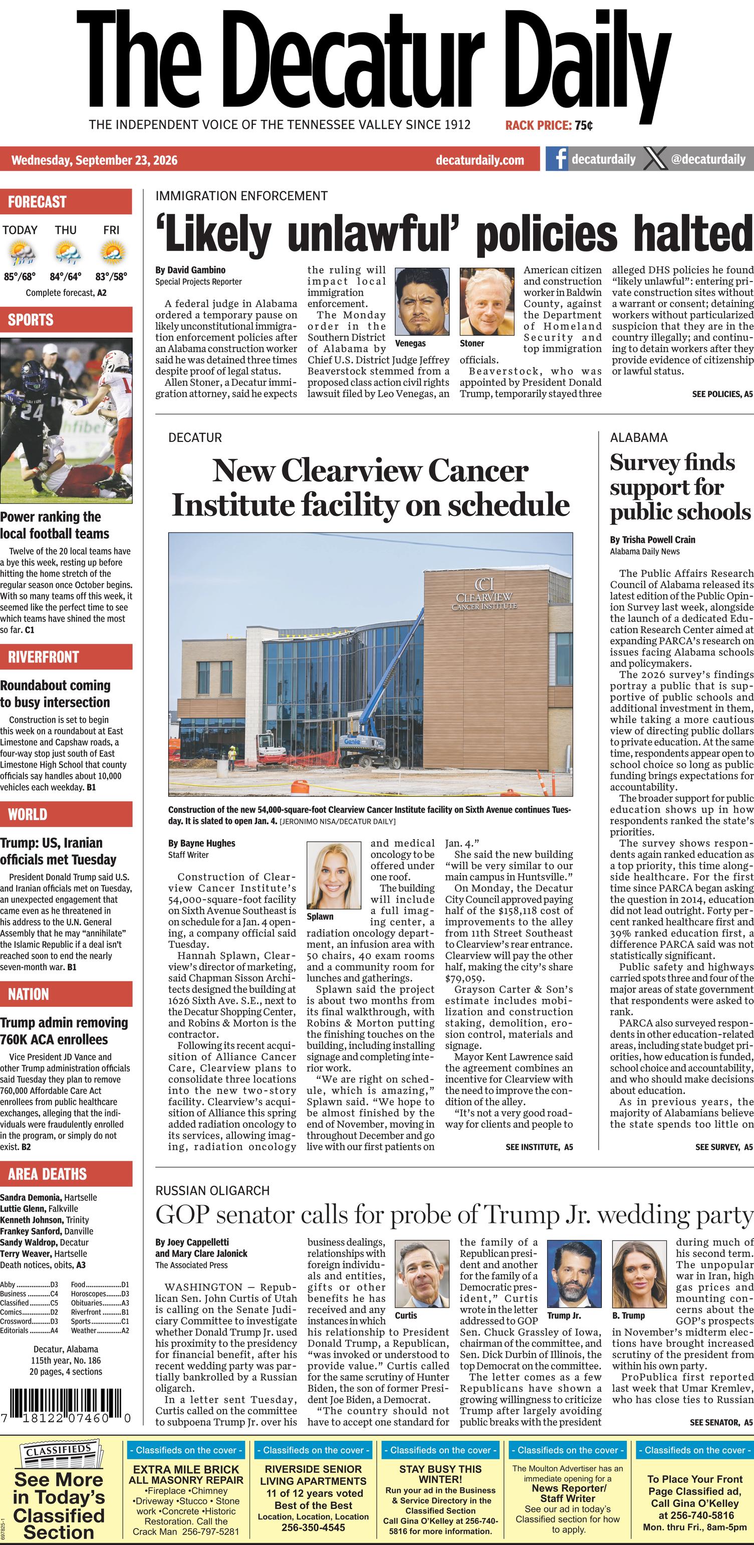 Prima-pagina-The-Decatur-Daily-oggi-edizione-di-oggi-20260923