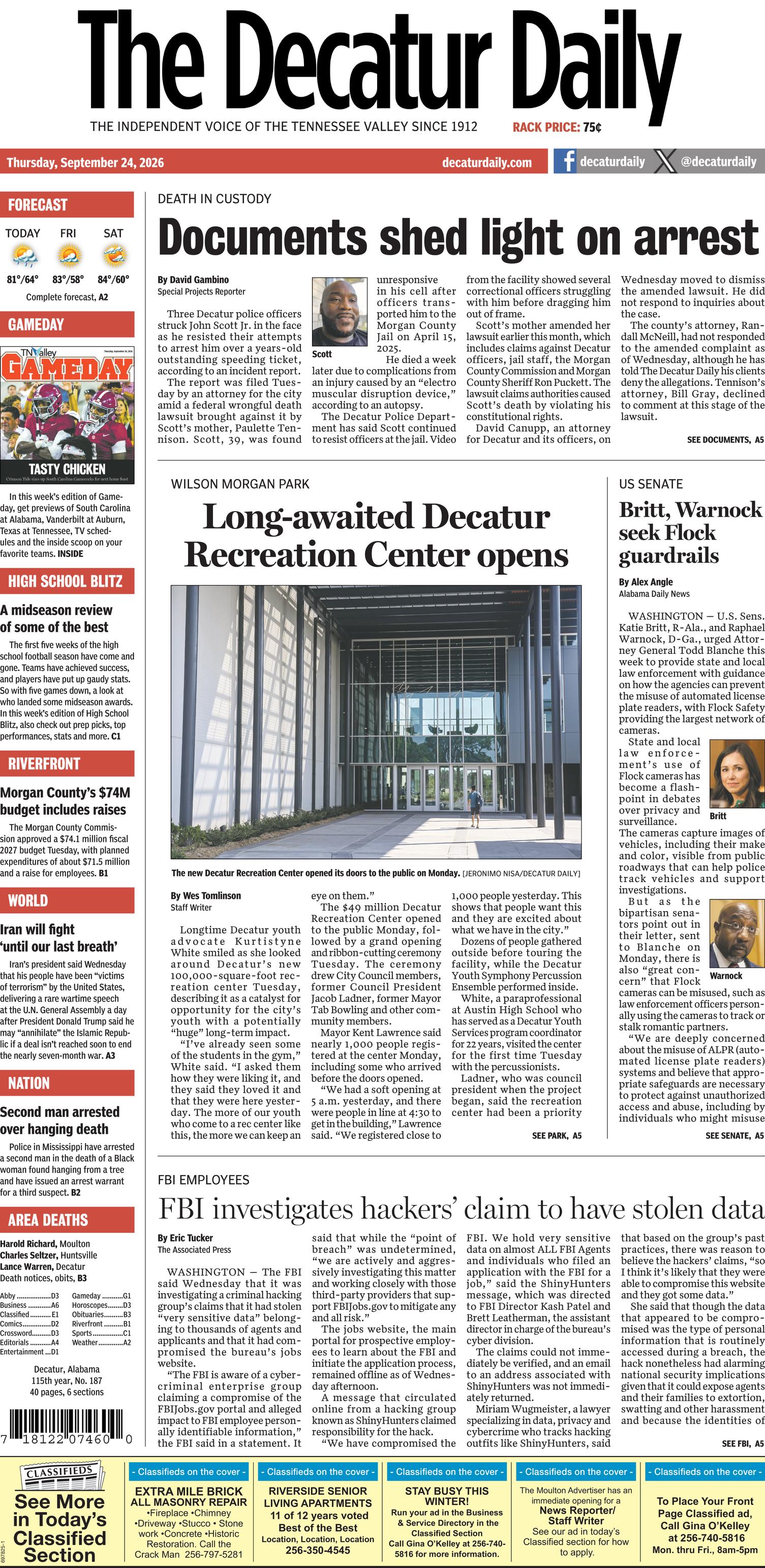 Prima-pagina-The-Decatur-Daily-oggi-edizione-di-oggi-20260924