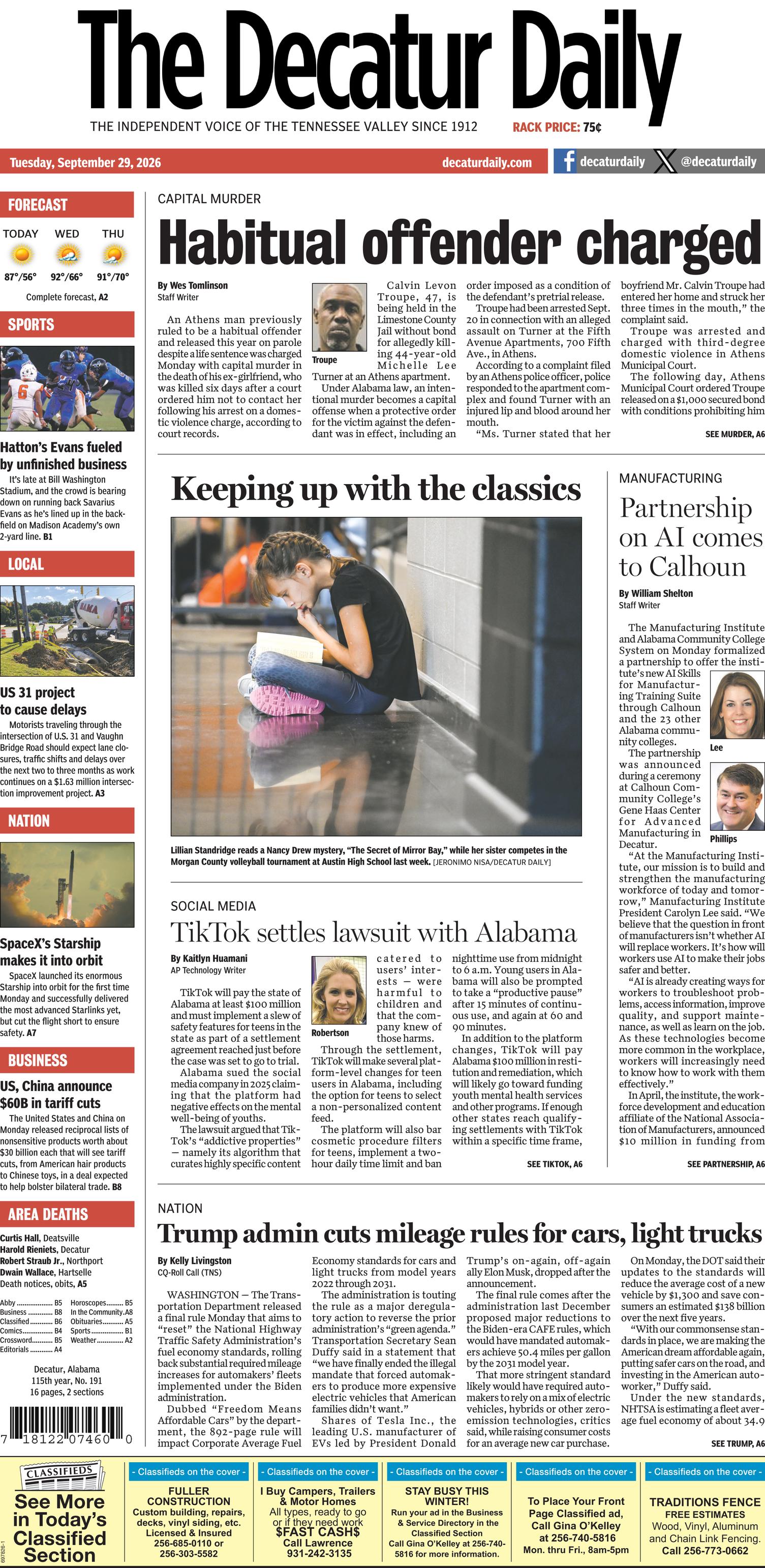 Prima-pagina-The-Decatur-Daily-oggi-edizione-di-oggi-20260929