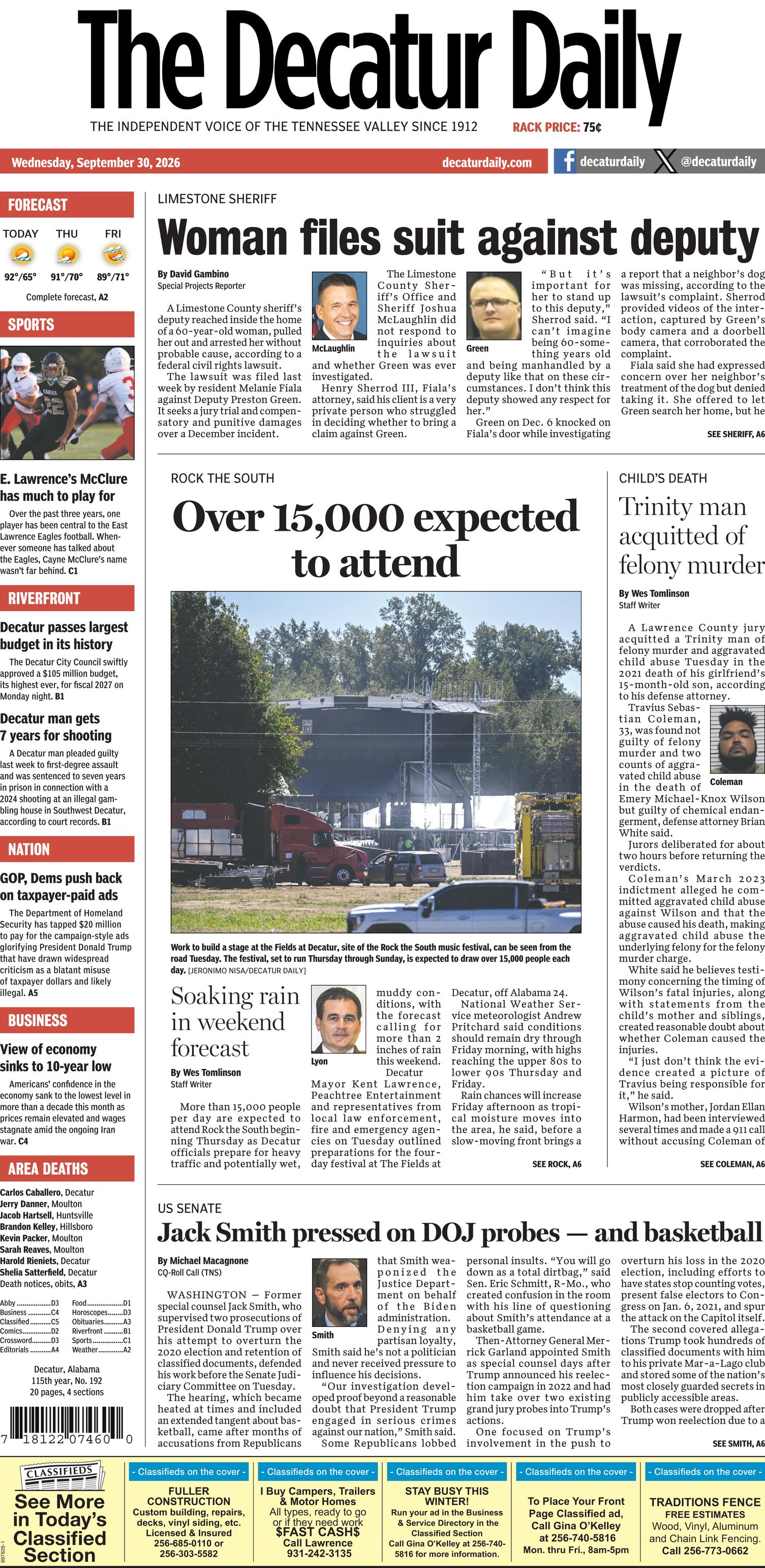 Prima-pagina-The-Decatur-Daily-oggi-edizione-di-oggi-20260930