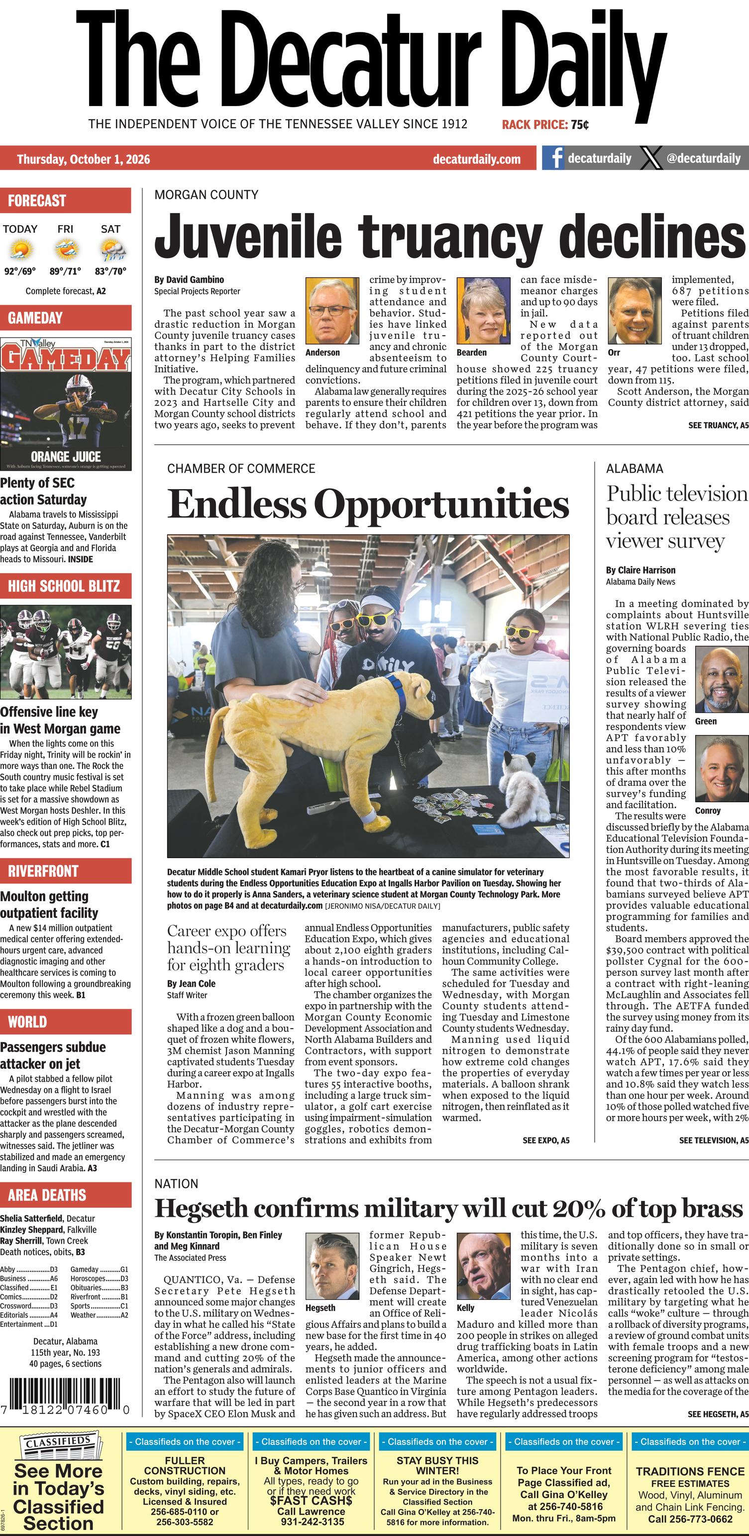Prima-pagina-The-Decatur-Daily-oggi-edizione-di-oggi-20261001