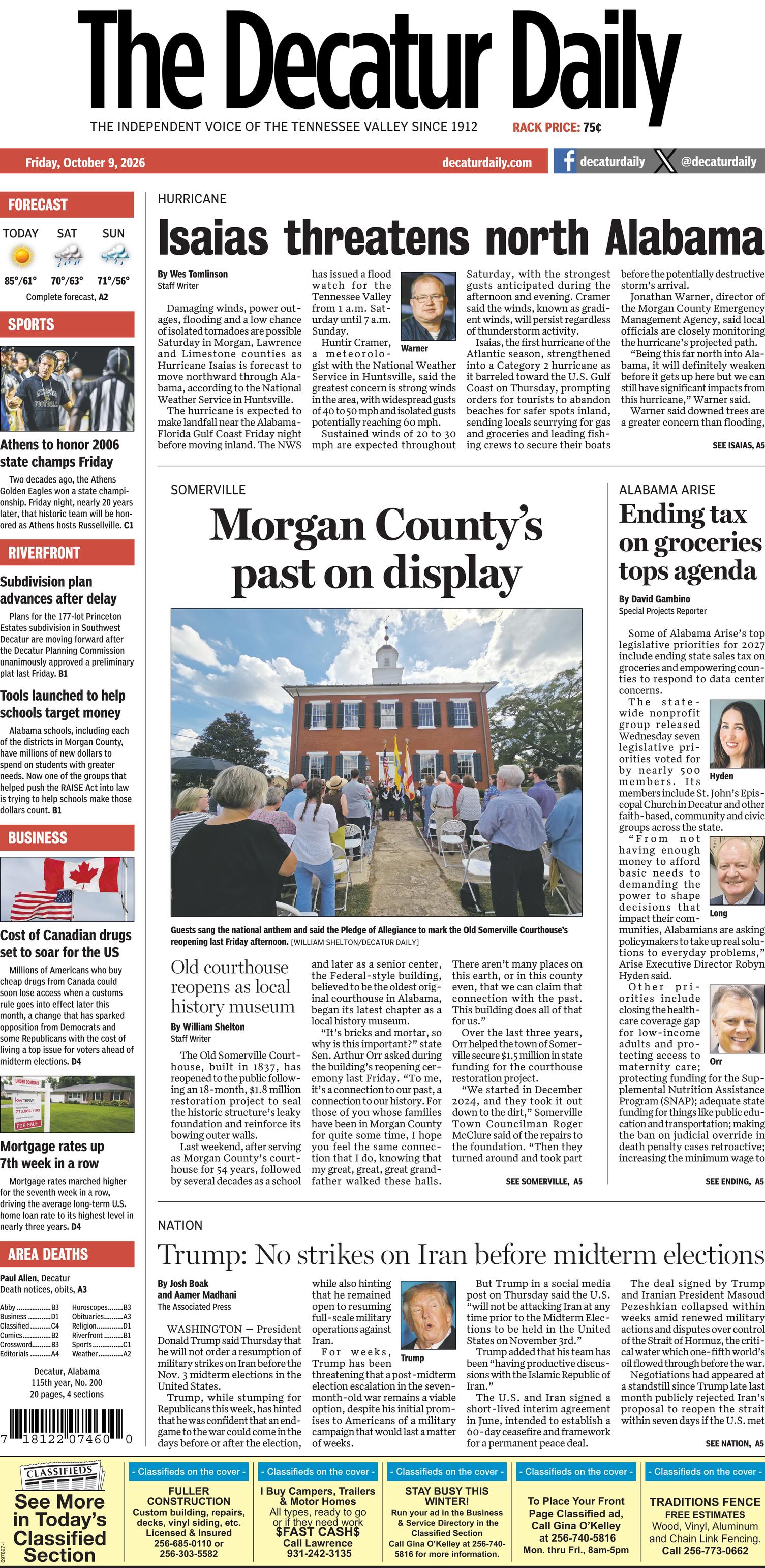 Prima-pagina-The-Decatur-Daily-oggi-edizione-di-oggi-20261009