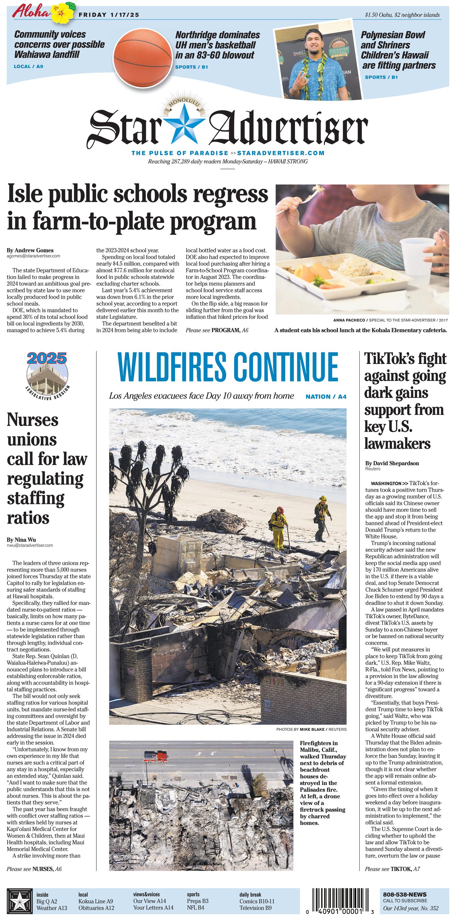 Prima-pagina-The-Honolulu-Star-Advertiser-oggi-edizione-di-oggi-20250117