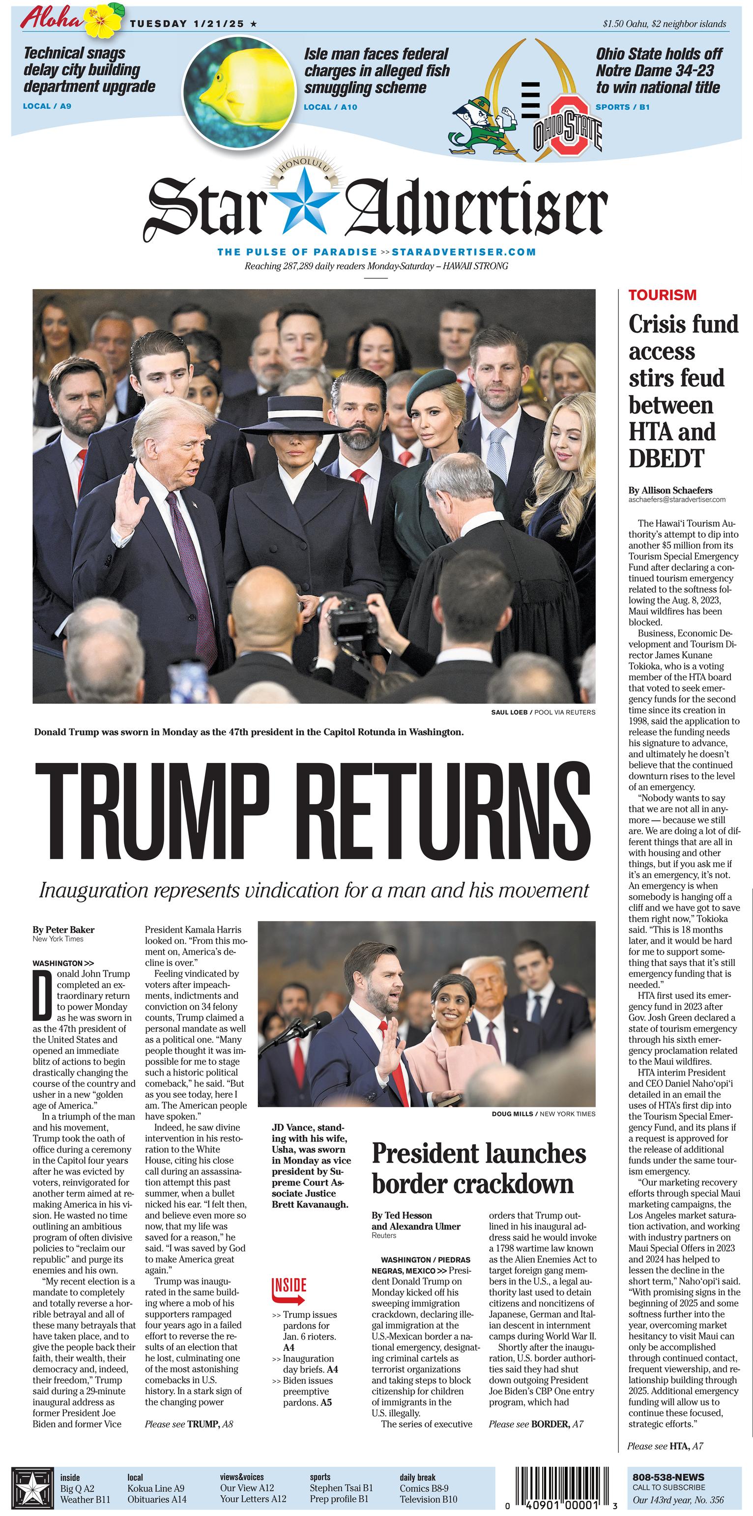 Prima-pagina-The-Honolulu-Star-Advertiser-oggi-edizione-di-oggi-20250121