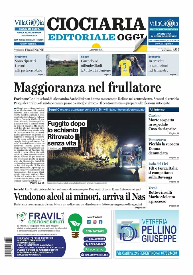 Prima-pagina-ciociaria-frosinone-edizione-di-oggi-19-03-2024