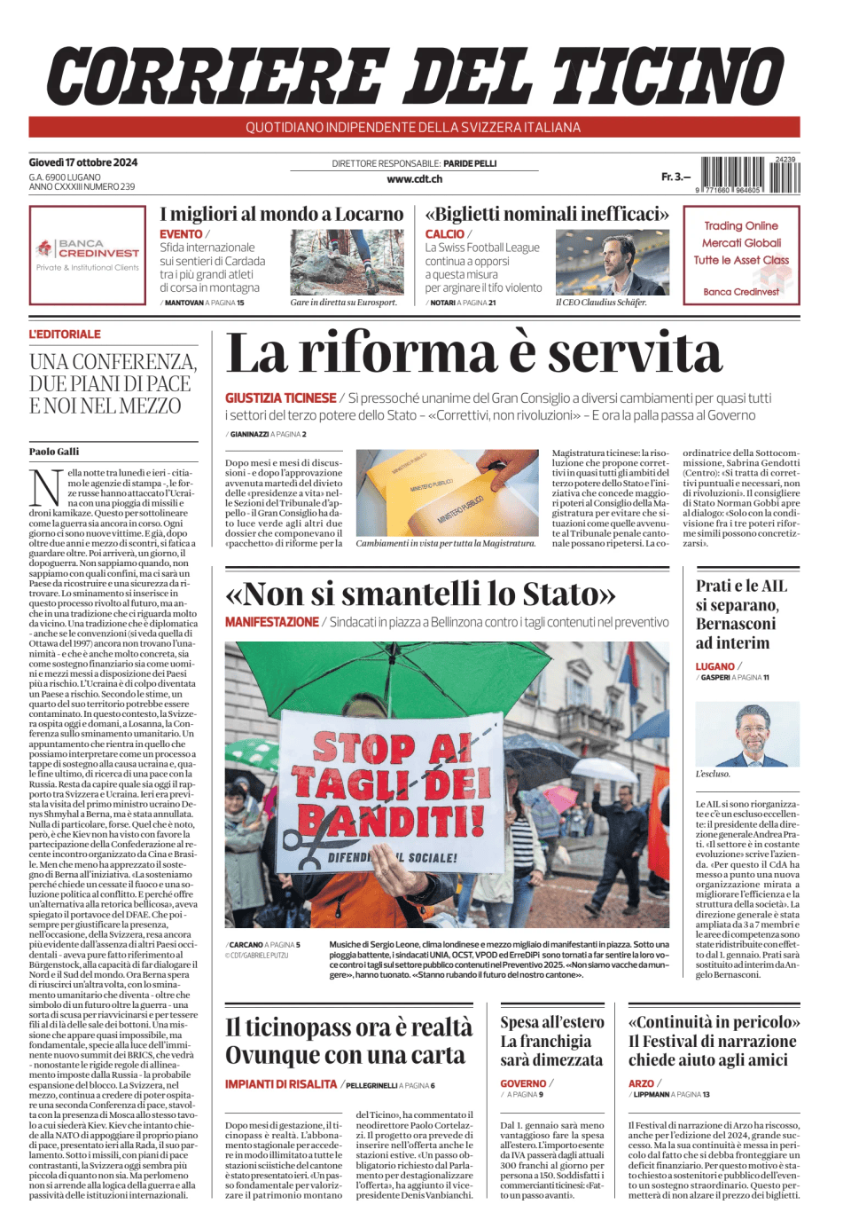 Prima-pagina-corriere-del-ticino-oggi-edizione-di-oggi-20241017