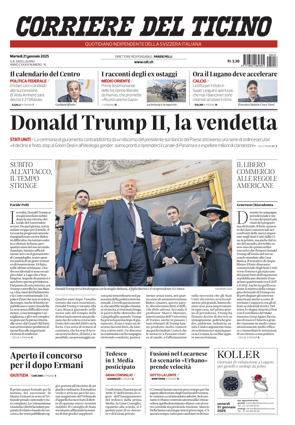 Prima-pagina-corriere-del-ticino-oggi-edizione-di-oggi-20250121