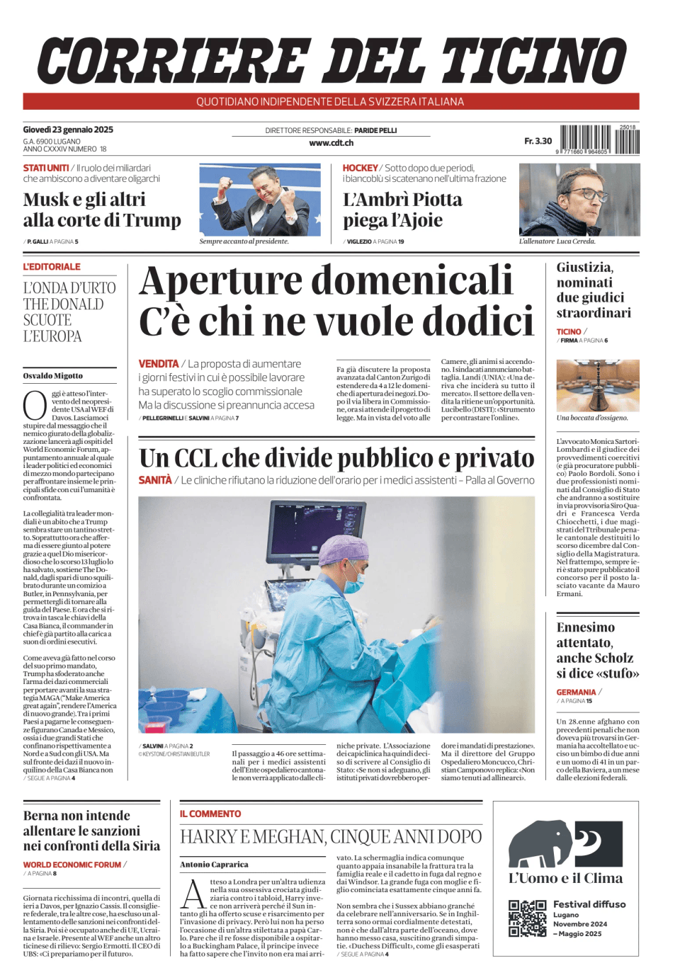 Prima-pagina-corriere-del-ticino-oggi-edizione-di-oggi-20250123